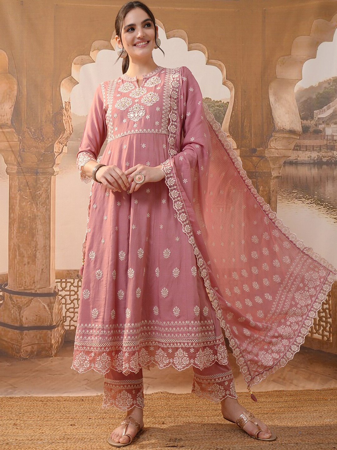 

Vishudh Rose Ethnic Motifs Embroidered Anarkali Panelled Kurta With Trousers & Dupatta