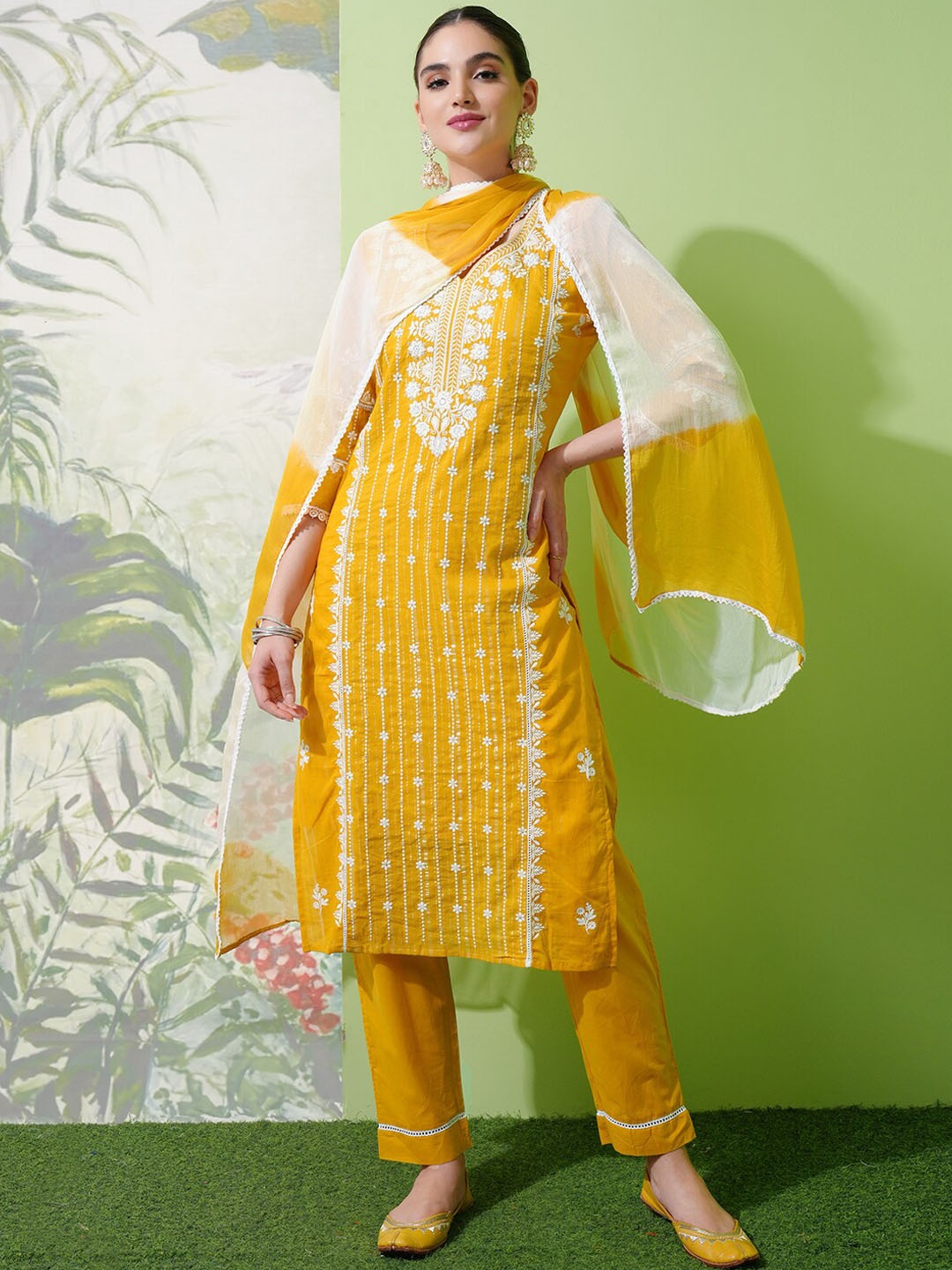 

Vishudh Mustard Yellow Ethnic Motifs Embroidered Pure Cotton Kurta with Trouser & Dupatta