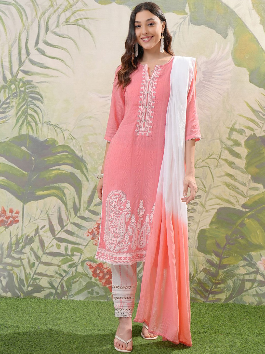 

Vishudh Ethnic Motifs Embroidered Regular Pure Cotton Kurta with Trousers & With Dupatta, Peach