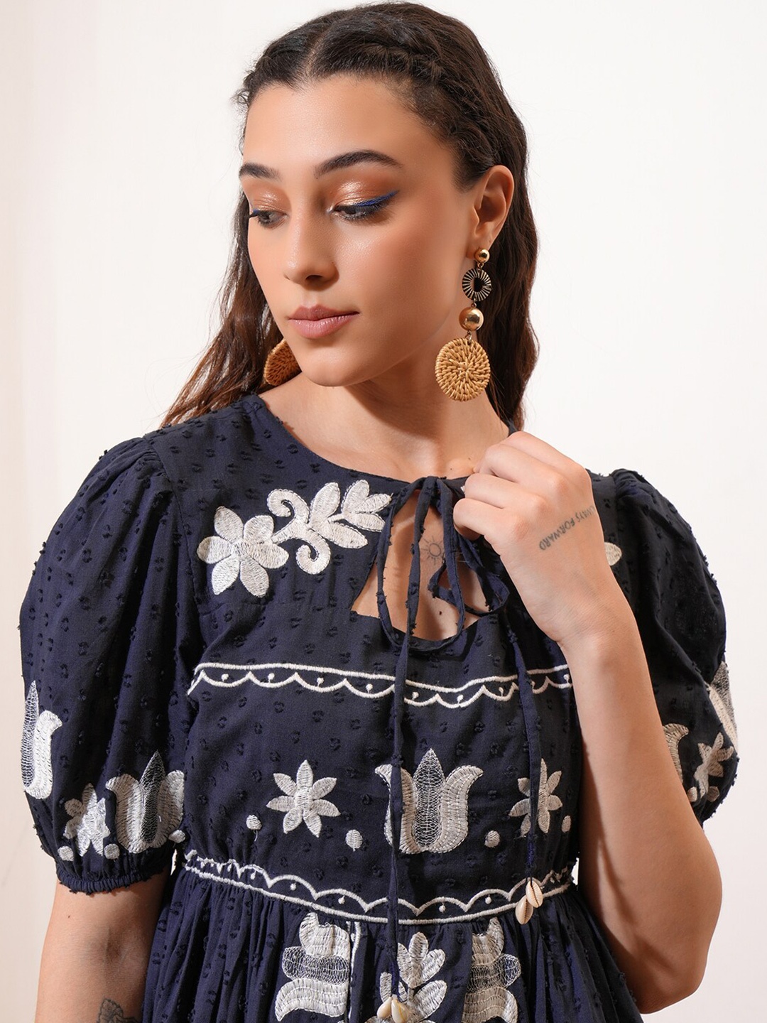 

Vishudh Navy Blue Floral Print Puff Sleeve Fit & Flare Dress