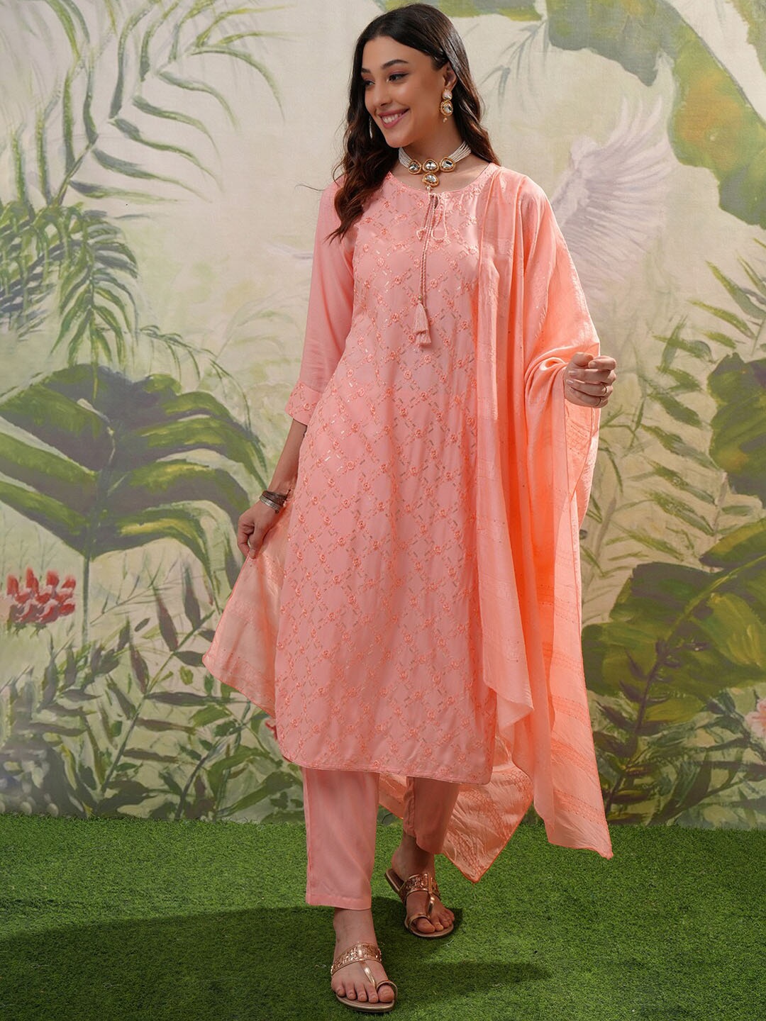 

Vishudh Peach Floral Embroidered Straight Kurta With Trousers & Dupatta