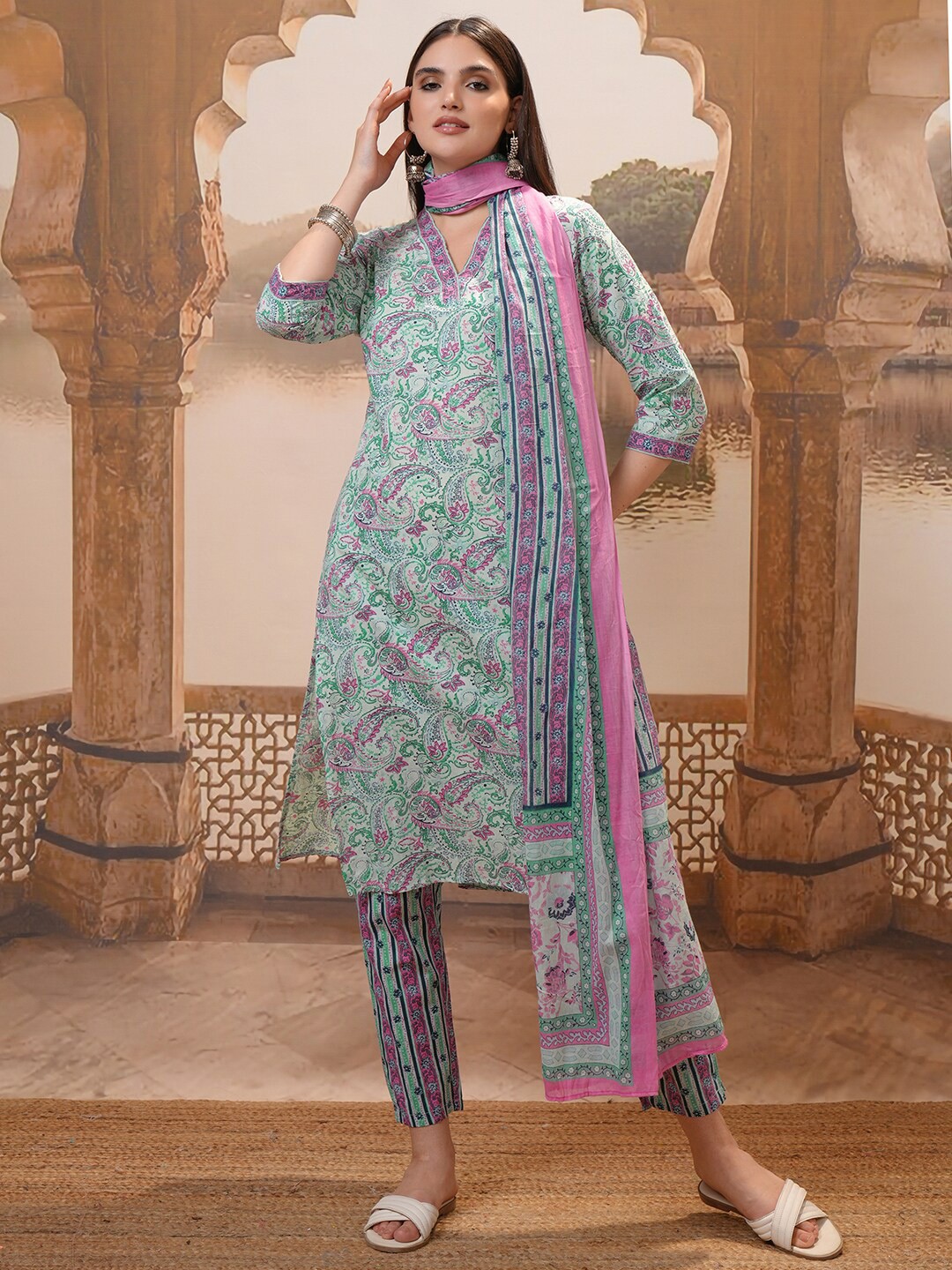 

Vishudh Green Floral Printed Pure Cotton Straight Kurta With Trousers & Dupatta