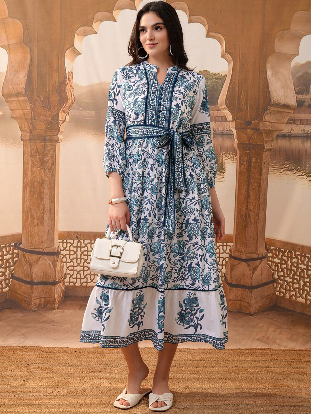 

Vishudh Blue Floral Printed Gathered Cotton Midi Fit & Flare Dress With Belt
