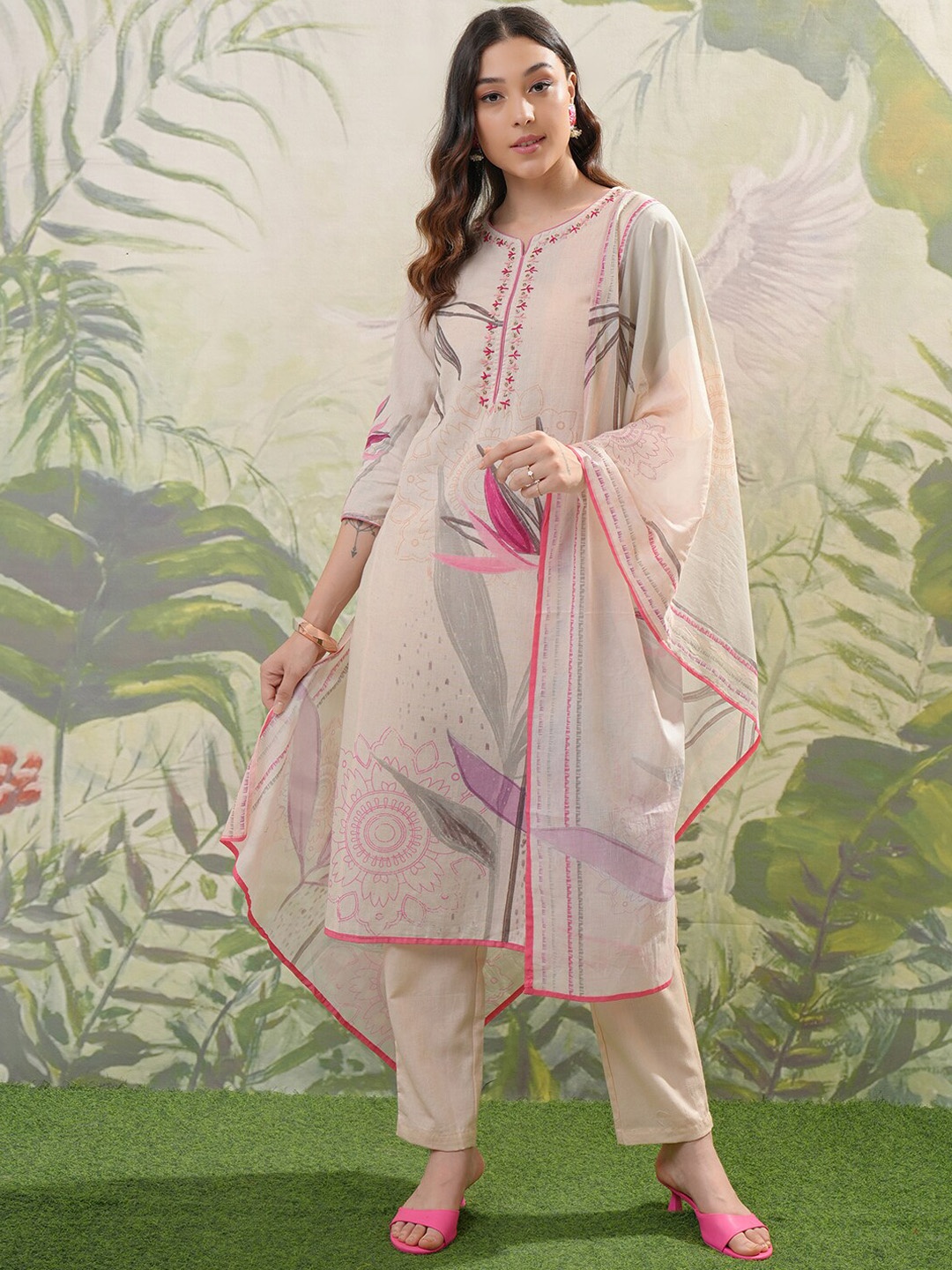 

Vishudh White Printed Thread Work Pure Cotton Straight Kurta With Trousers & Dupatta