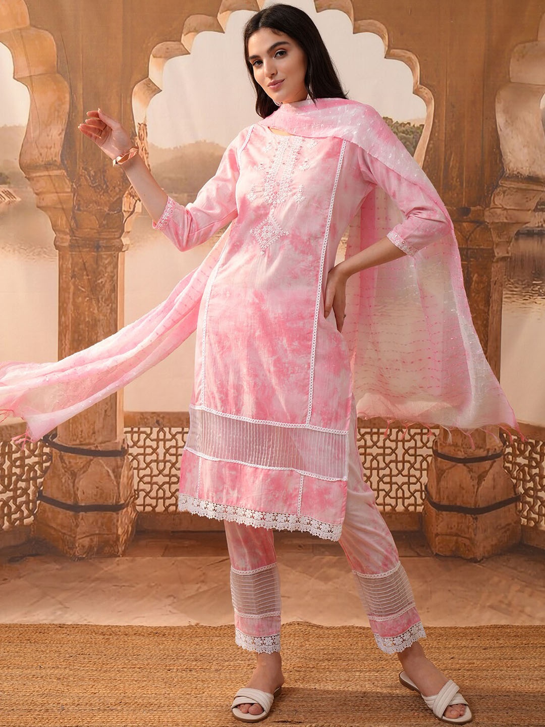 

Vishudh Pink Embroidered Thread Work Pure Cotton Kurta with Trouser & Dupatta