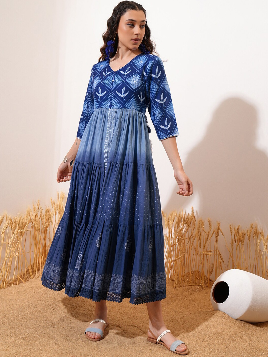 

Vishudh Blue Floral Printed Gathered Tiered Cotton Midi Fit & Flare Dress