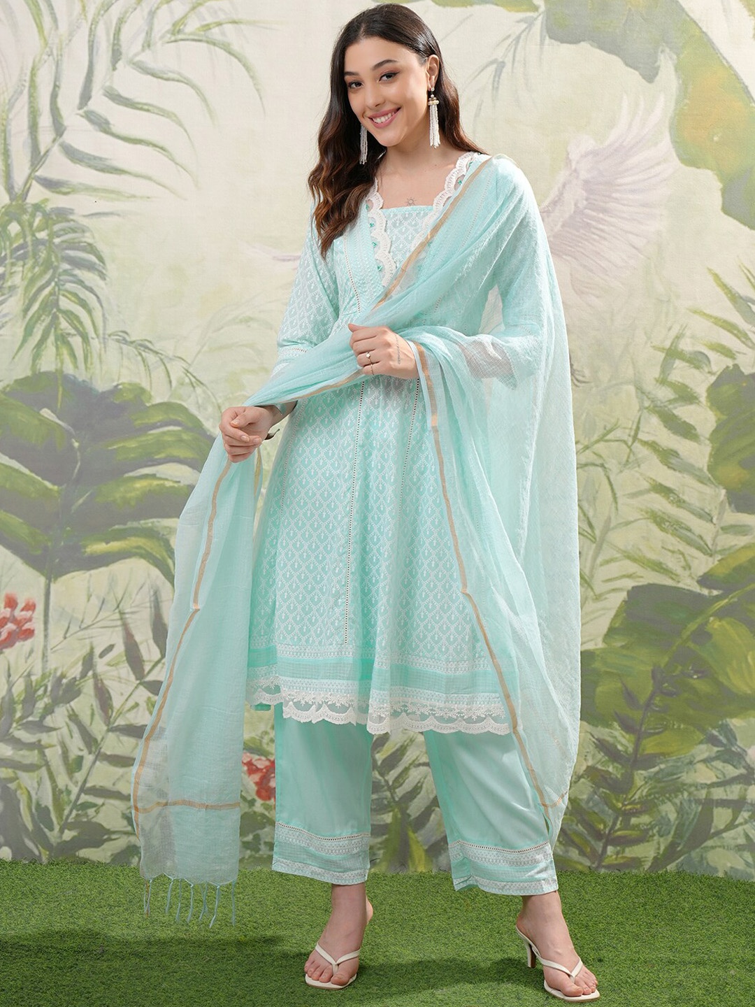 

Vishudh Blue Embroidered Thread Work Pure Cotton A-Line Kurta With Trousers & Dupatta