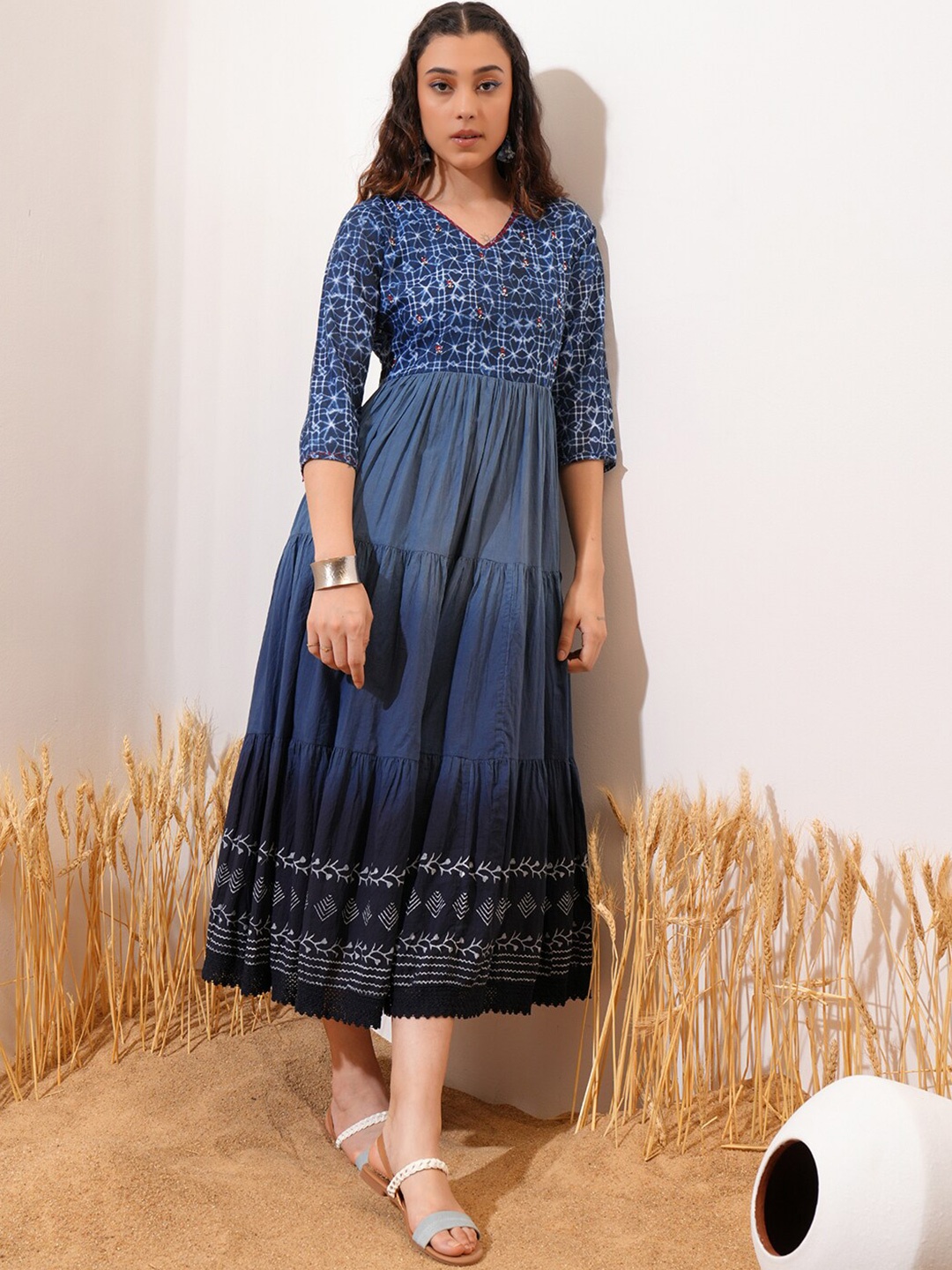 

Vishudh Printed Fit & Flare Midi Dress, Blue