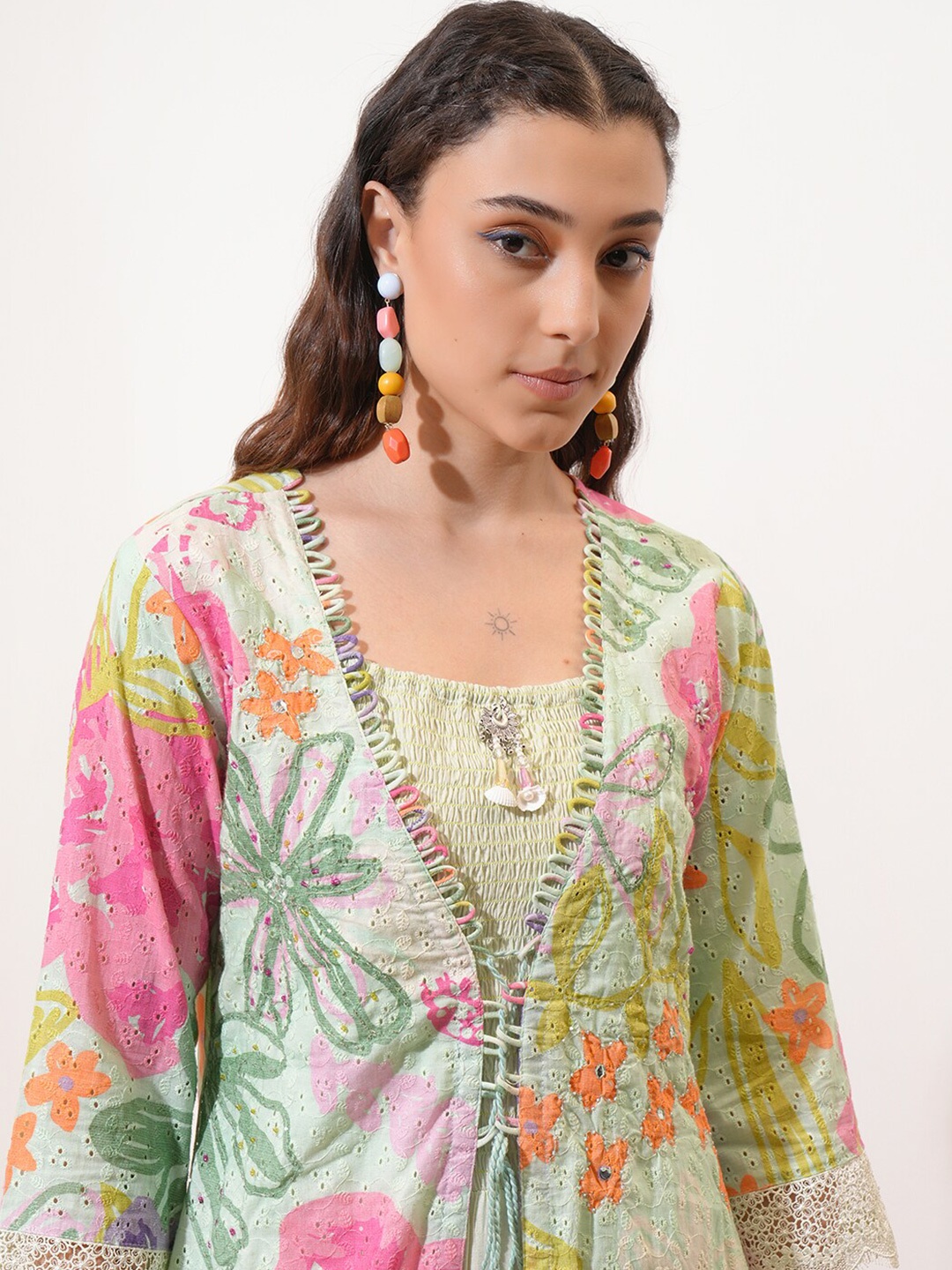 

Vishudh Floral Self Design A-Line Midi Dress With Shrug, Green