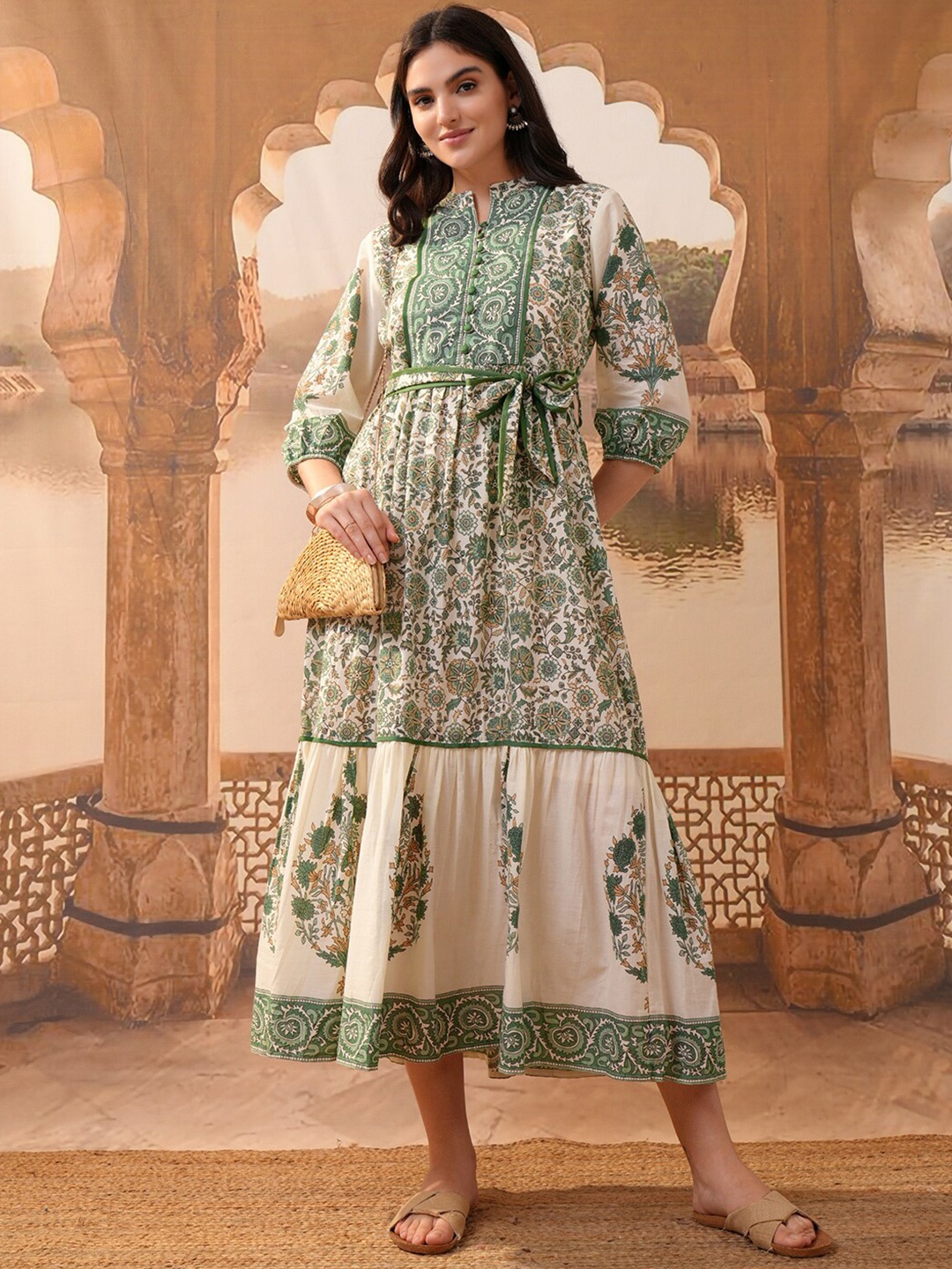 

Vishudh Green Ethnic Motifs Printed Gathered Cotton Midi A-Line Dress With Belt