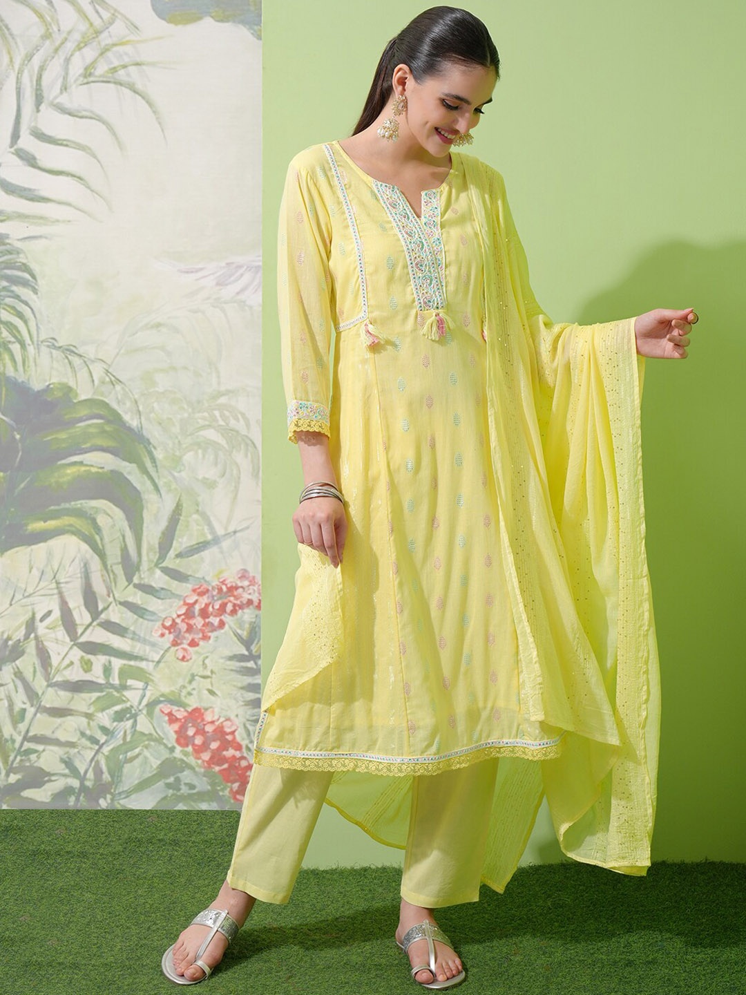 

Vishudh Yellow Embroidered Thread Work Pure Cotton Kurta with Trouser & Dupatta