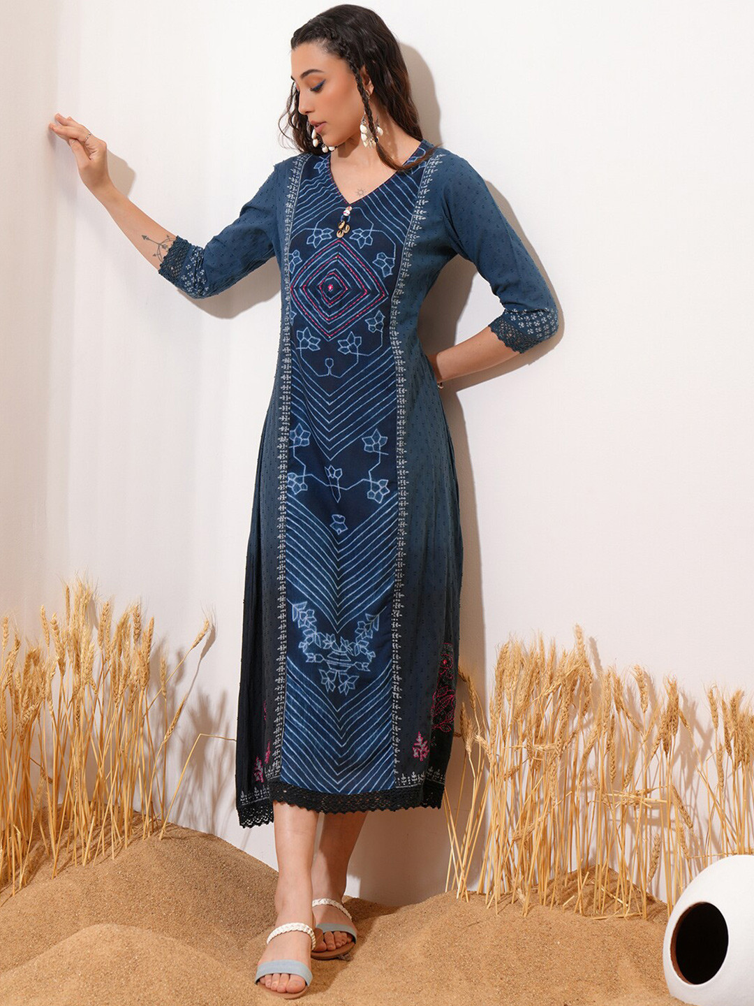 

Vishudh Blue Ethnic Motifs Printed Embroidered Cotton Midi A-Line Dress