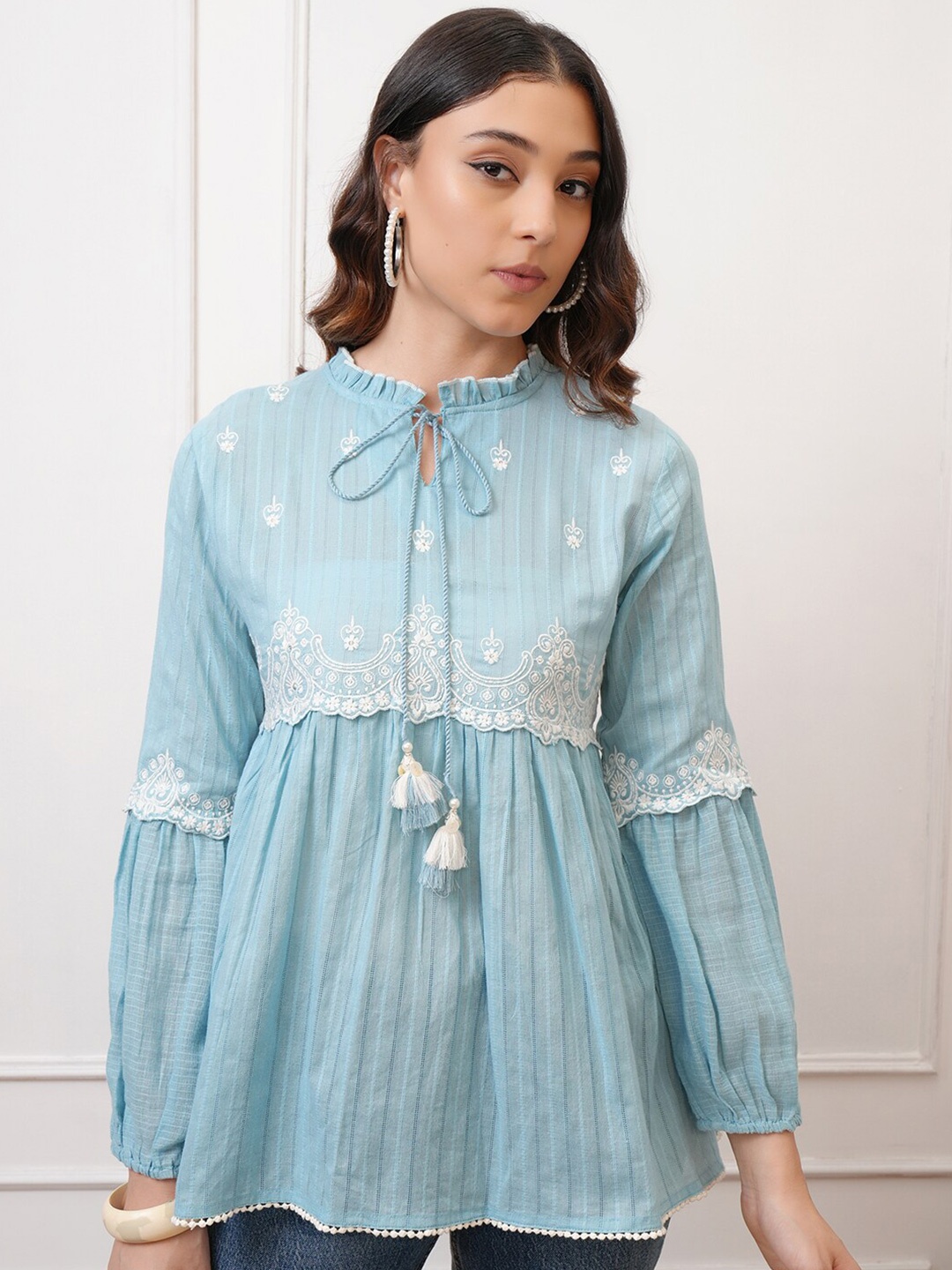 

Vishudh Floral Embroidered Tie-Up Neck Regular Top, Blue