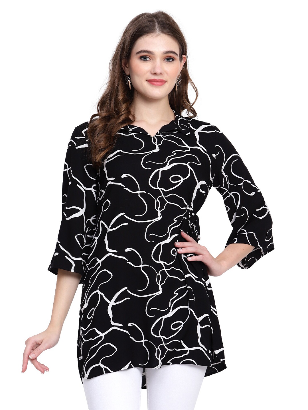 

NKSA FASHION Abstract Print V-Neck Bell Sleeves Regular Top, Black