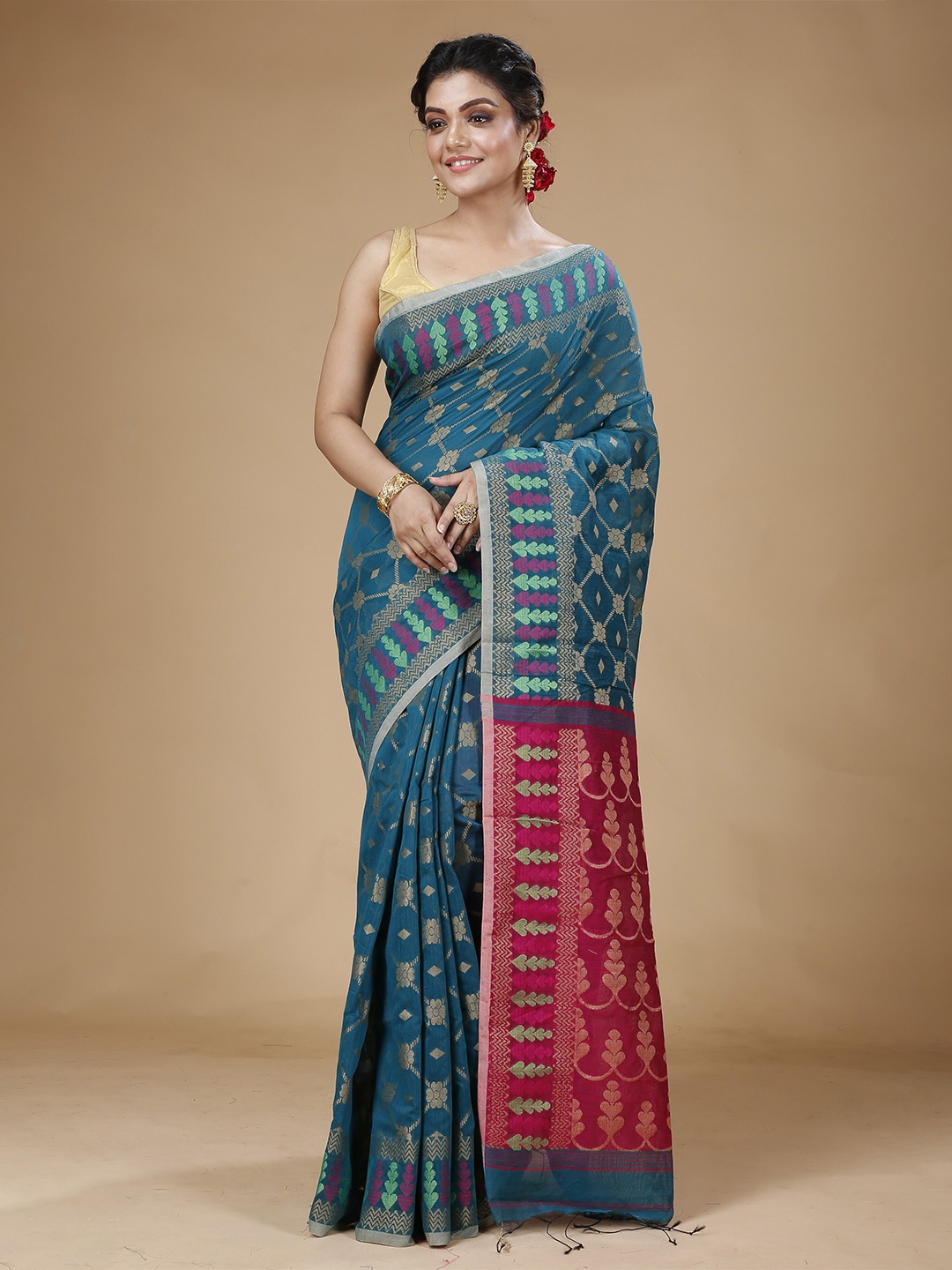 

SLAGHA Woven Design Embroidered Jamdani Saree, Blue