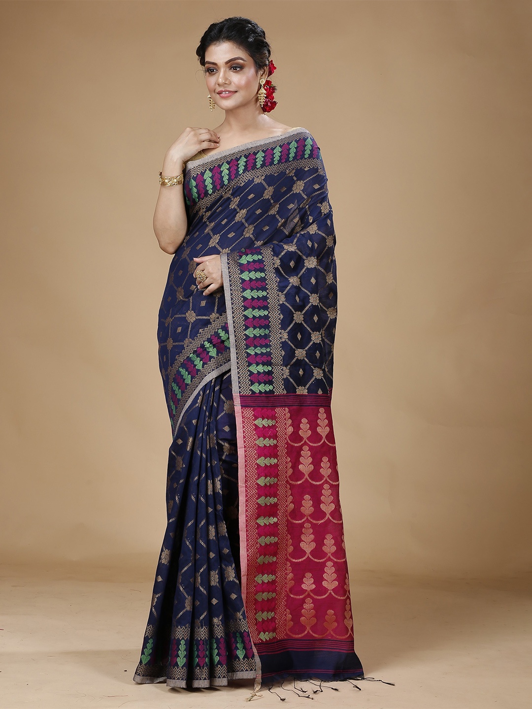 

SLAGHA Woven Design Zari Jamdani Saree, Navy blue