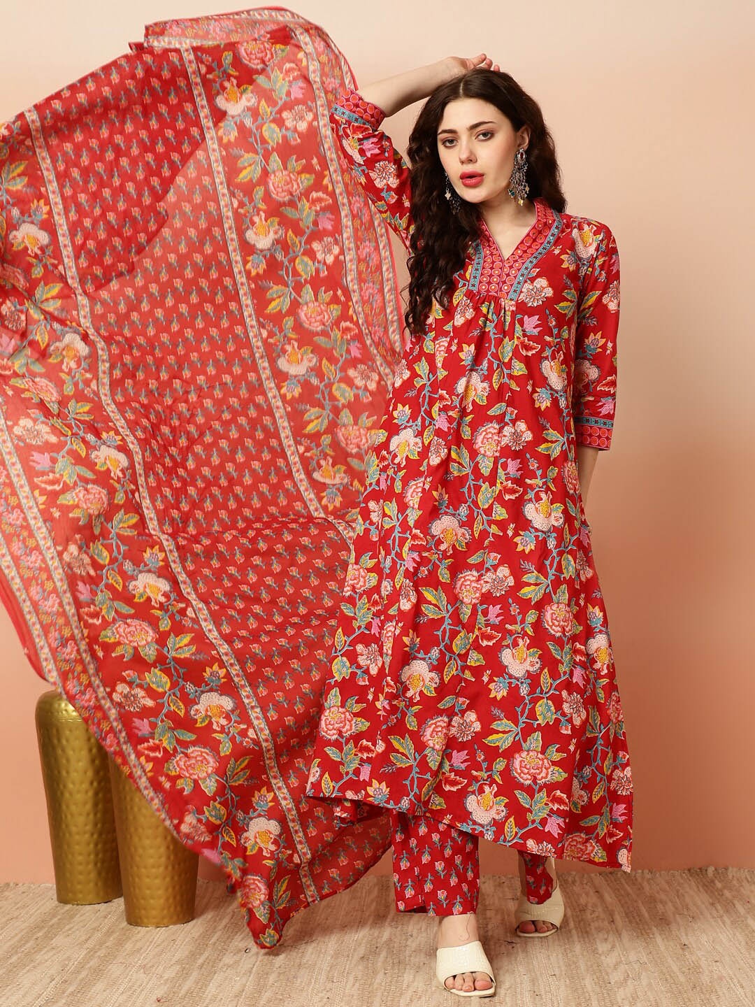 

GULMOHAR JAIPUR Floral Printed Pure Cotton Kurta With Palazzo & Dupatta, Red