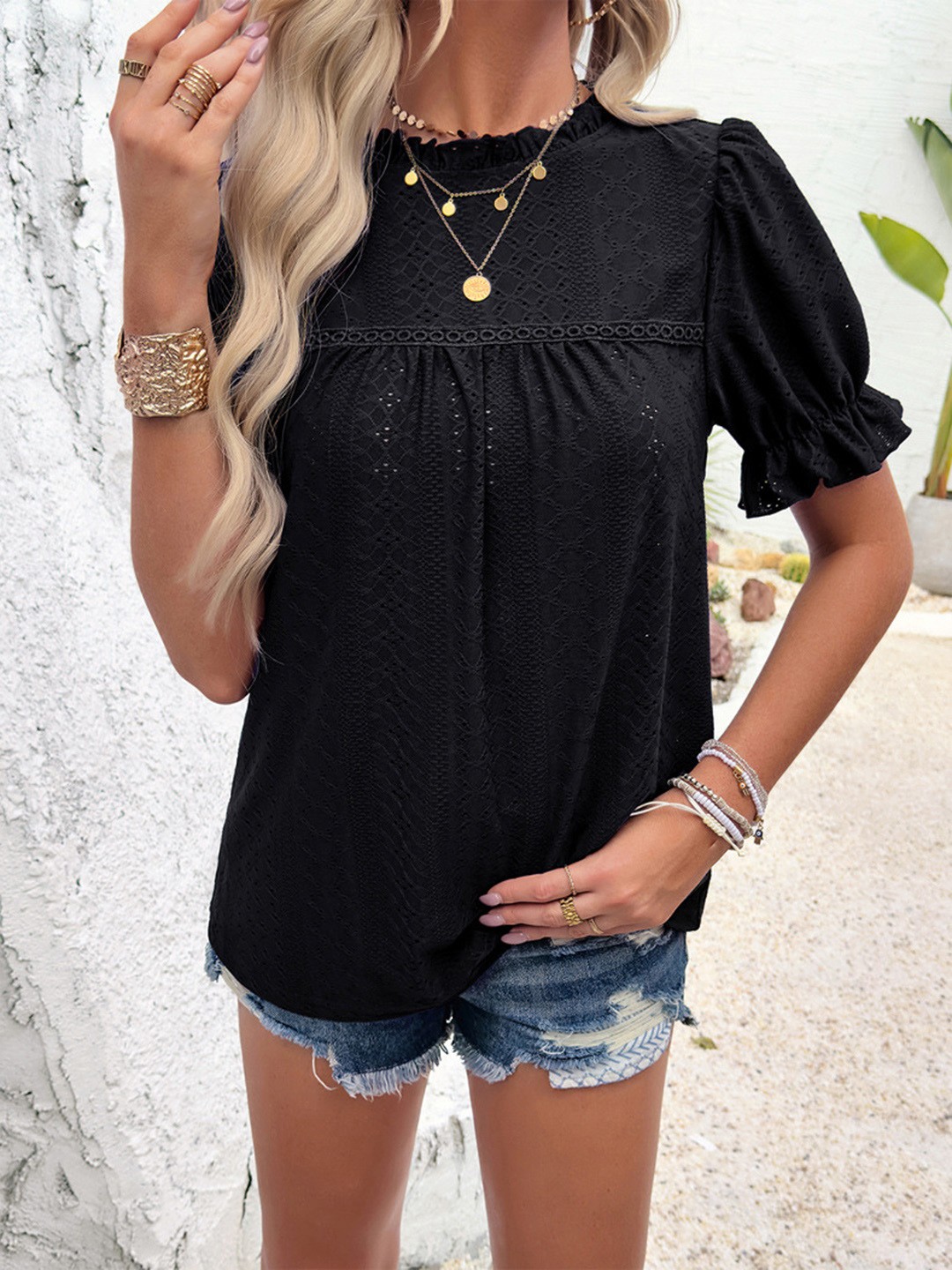 

all about you Mandarin Collar Puff Sleeve Regular Top, Black