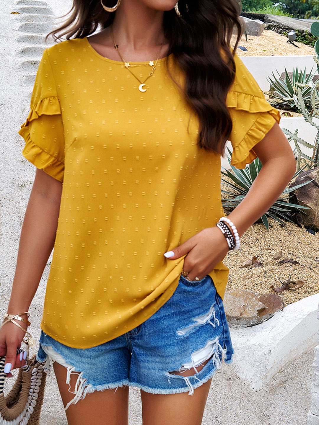 

all about you Yellow Self Design Round Neck Top