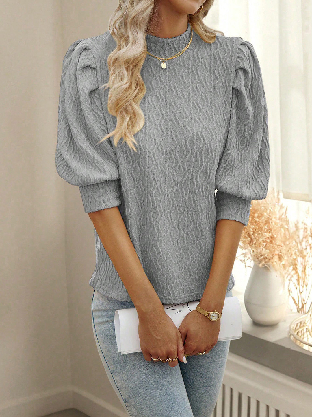 

all about you Self Design High Neck Puff Sleeves Regular Top, Grey