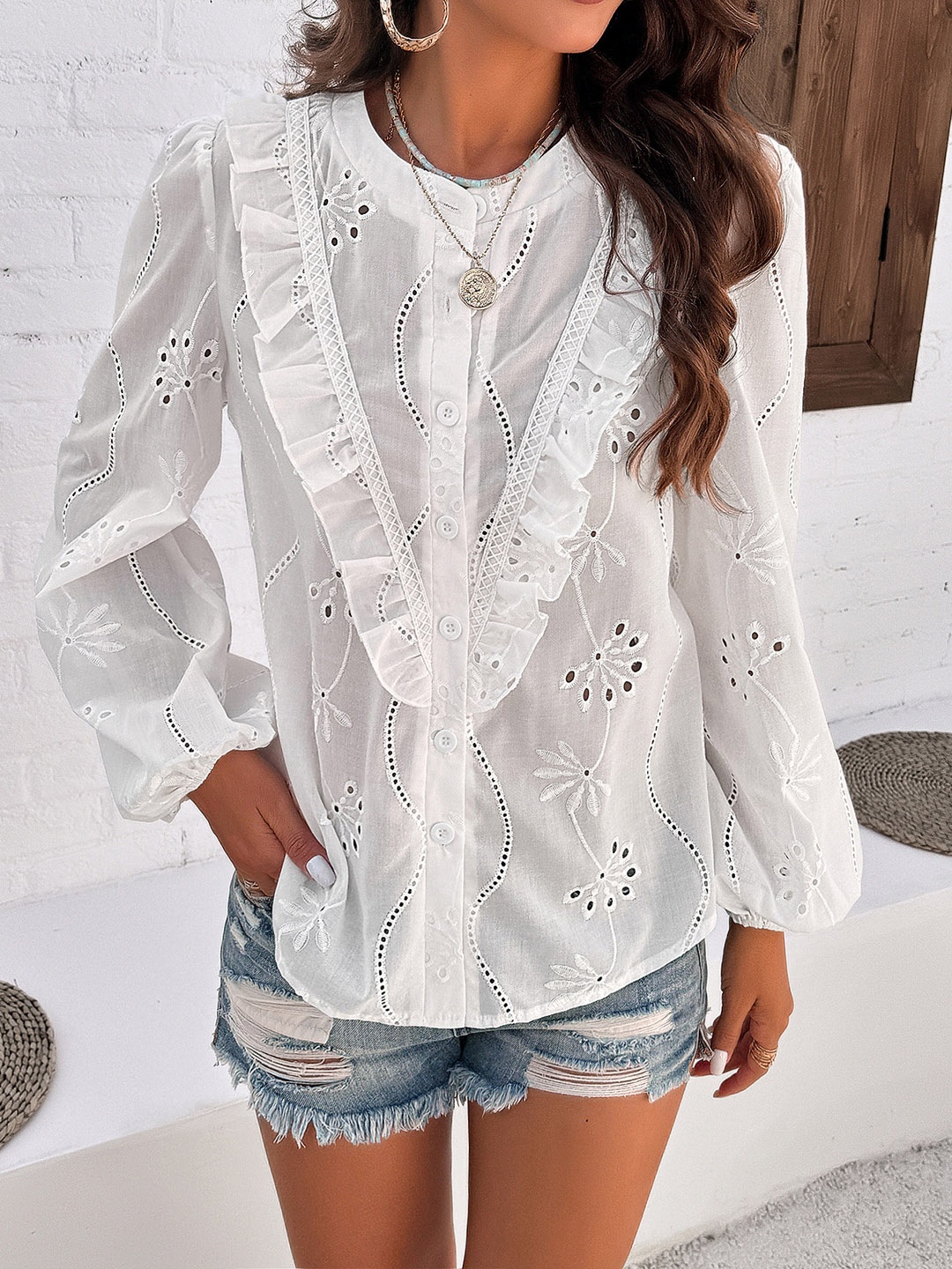 

all about you Floral Tie-Up Neck Shirt Style Top, White