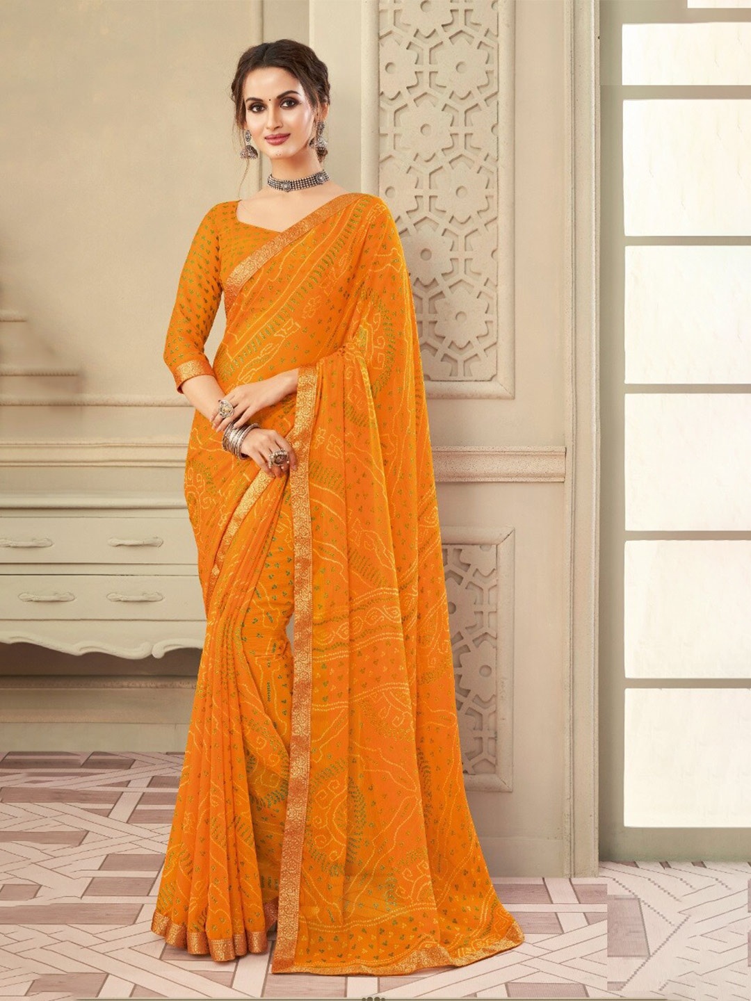 

Reboot Fashions Bandhani Zari Pure Chiffon Bandhani Saree, Yellow