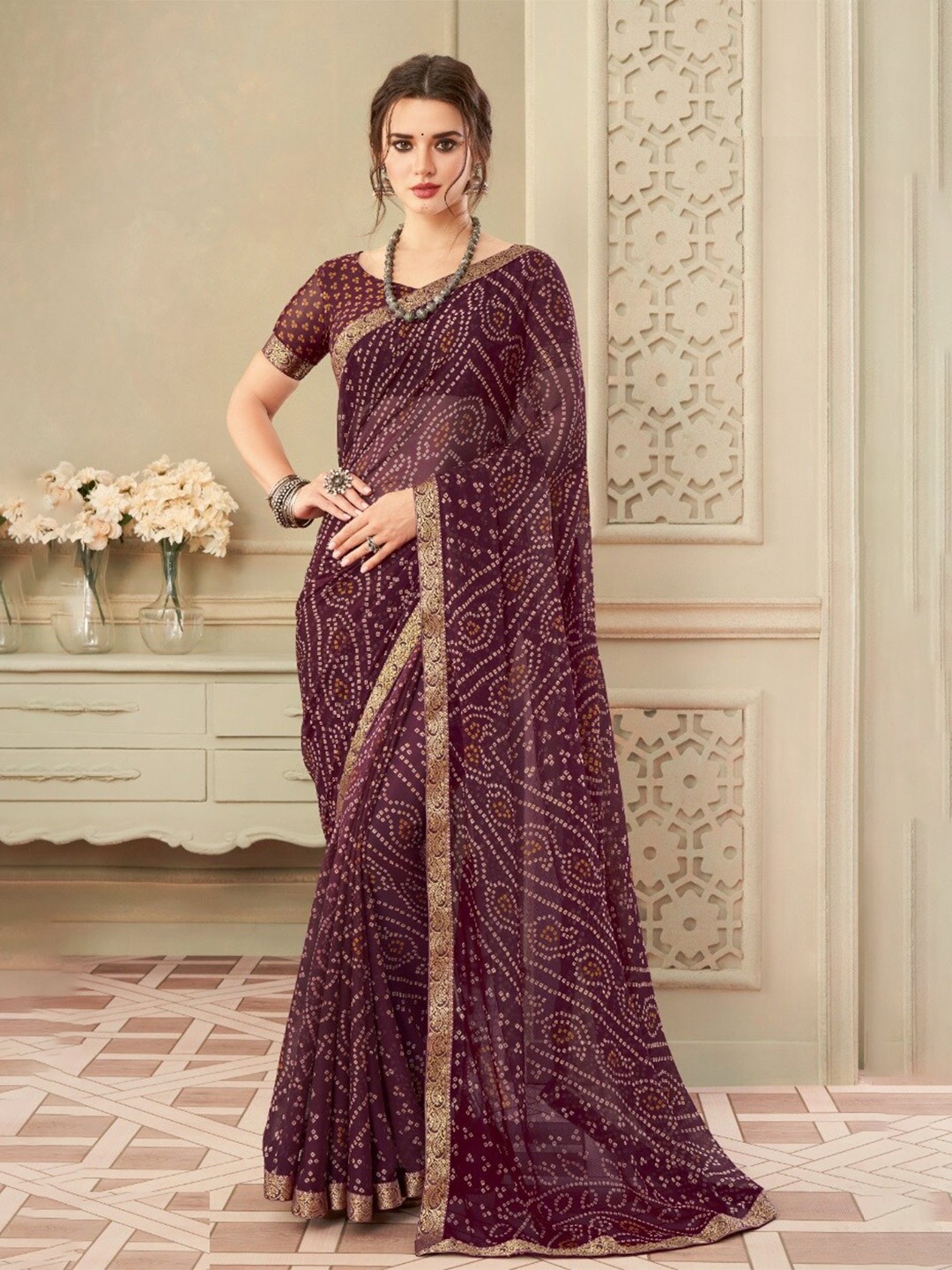 

Reboot Fashions Bandhani Zari Pure Chiffon Bandhani Saree, Purple