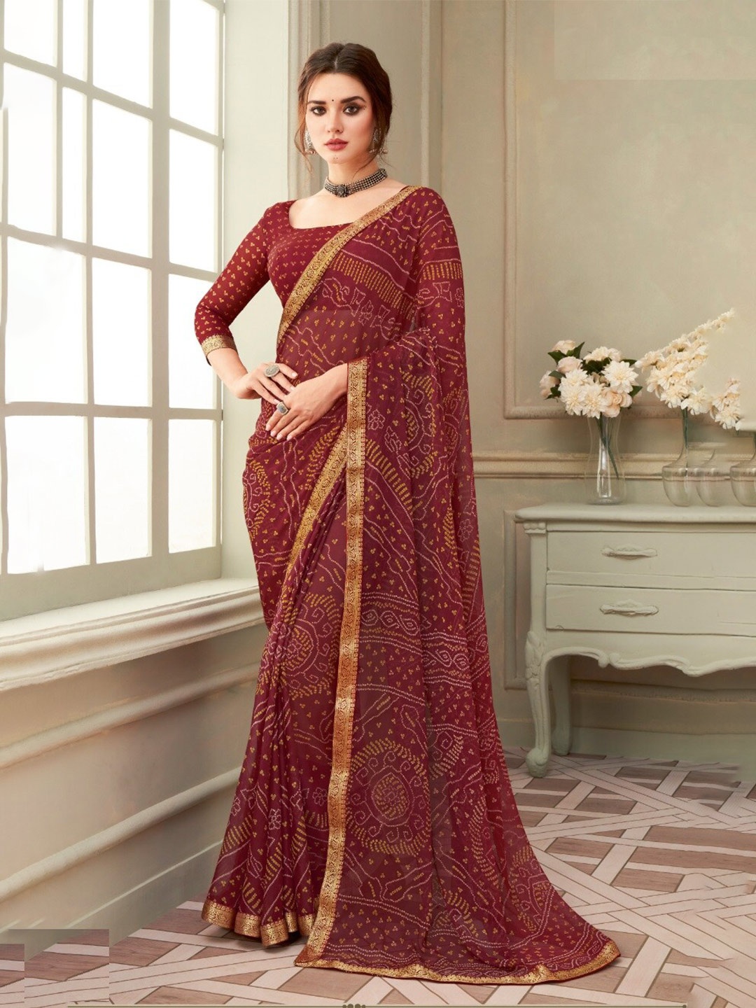 

Reboot Fashions Bandhani Zari Pure Chiffon Bandhani Saree, Maroon