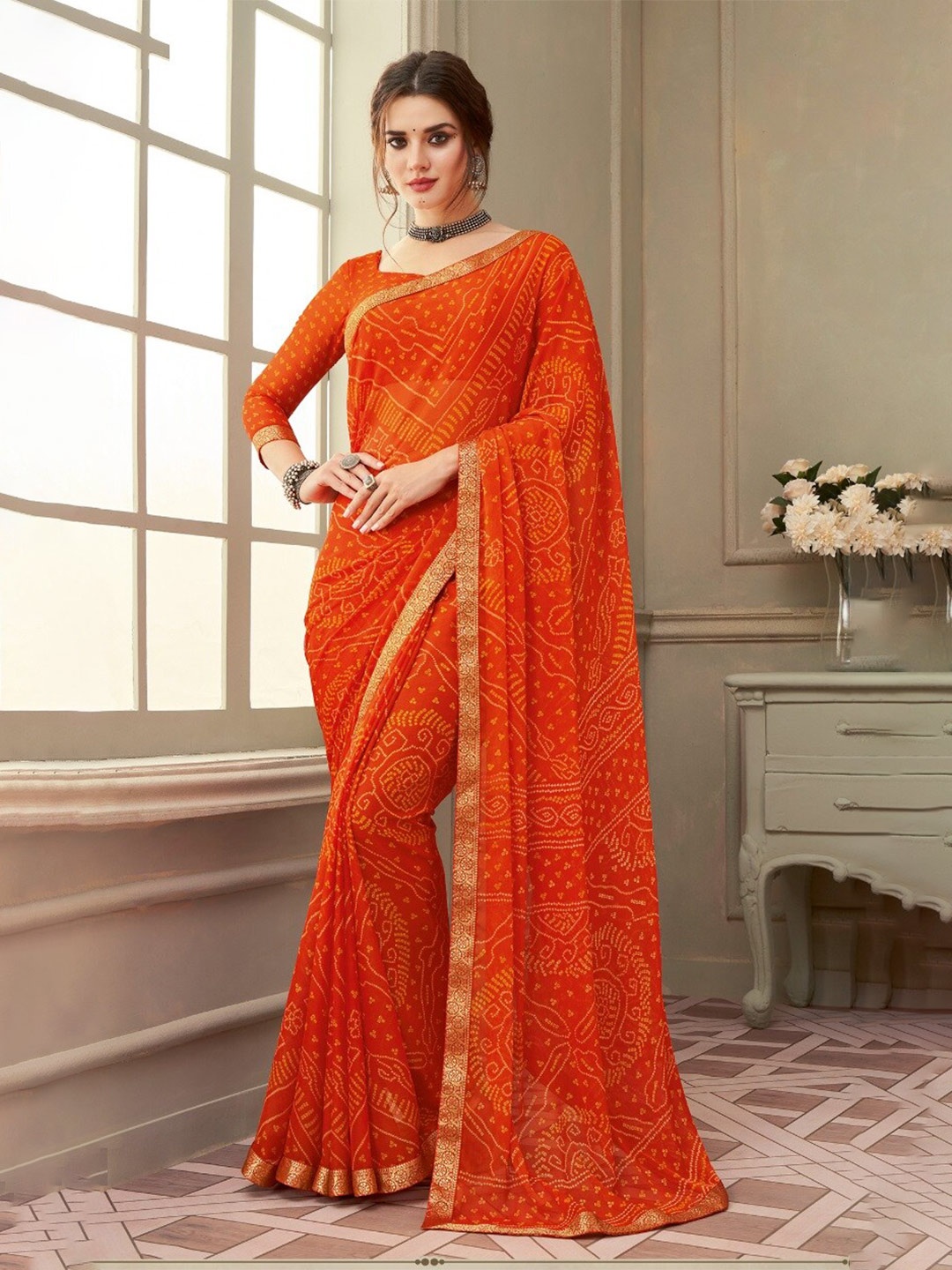 

Reboot Fashions Bandhani Zari Pure Chiffon Bandhani Saree, Orange