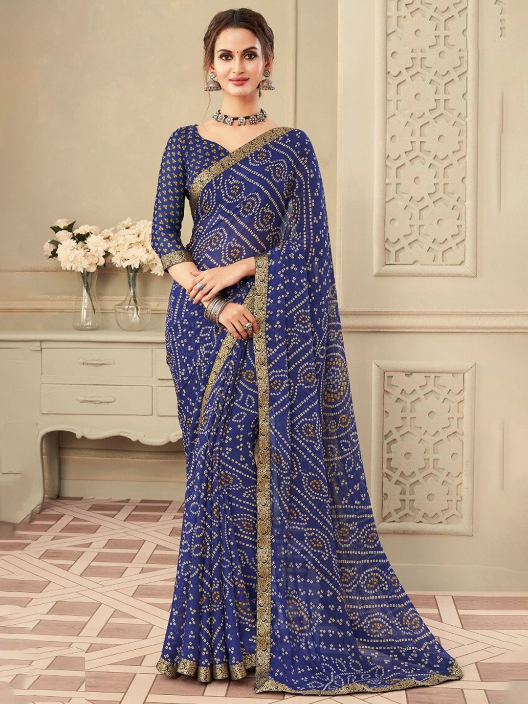

Reboot Fashions Bandhani Zari Pure Chiffon Bandhani Saree, Blue