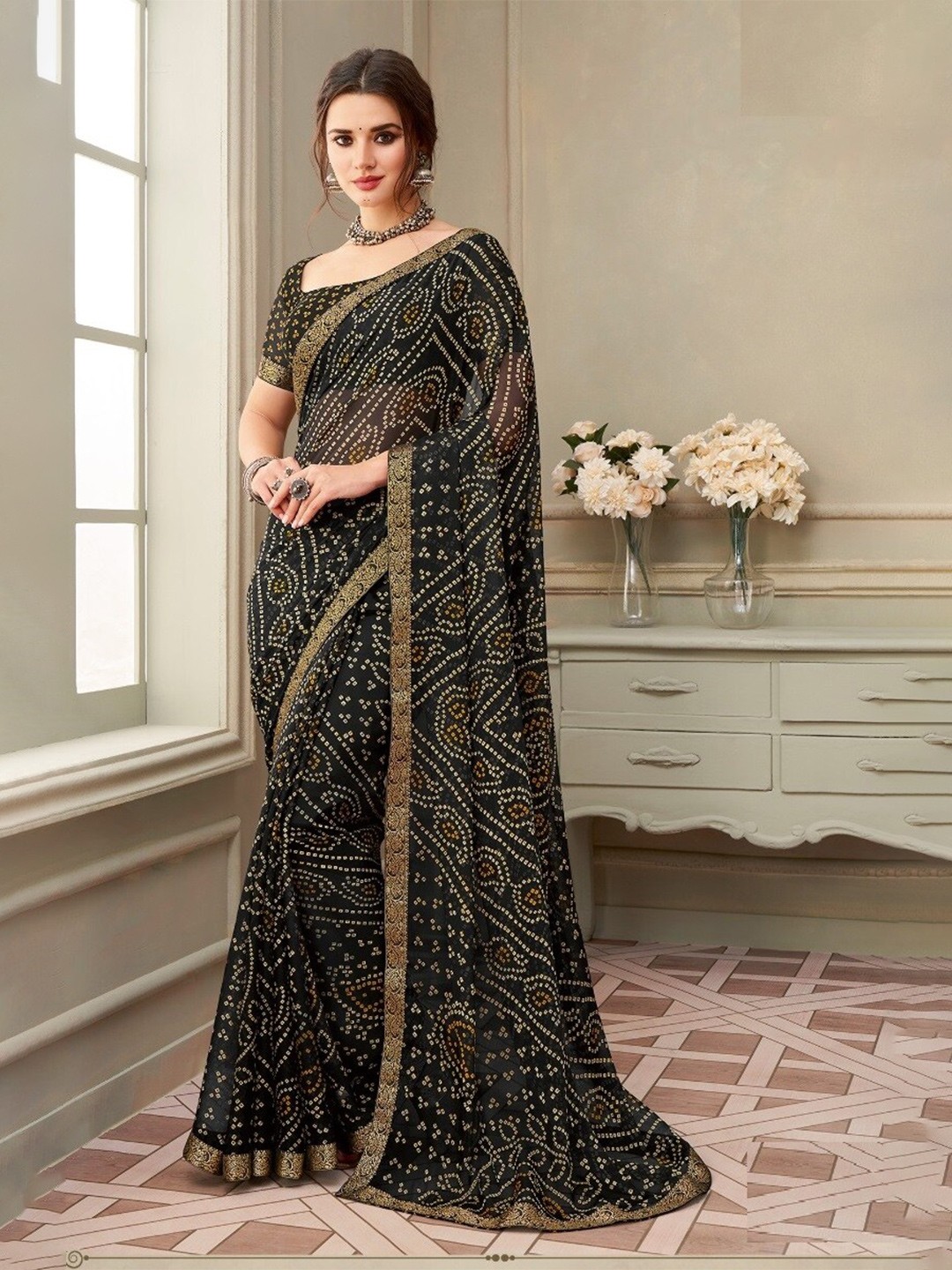 

Reboot Fashions Bandhani Zari Pure Chiffon Bandhani Saree, Black