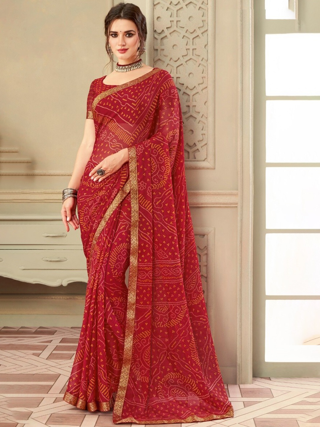 

Reboot Fashions Bandhani Zari Pure Chiffon Bandhani Saree, Red