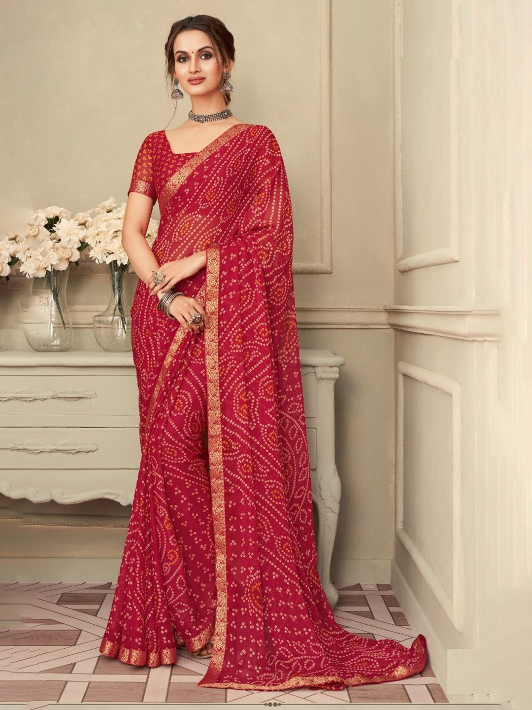 

Reboot Fashions Bandhani Zari Pure Chiffon Bandhani Saree, Red