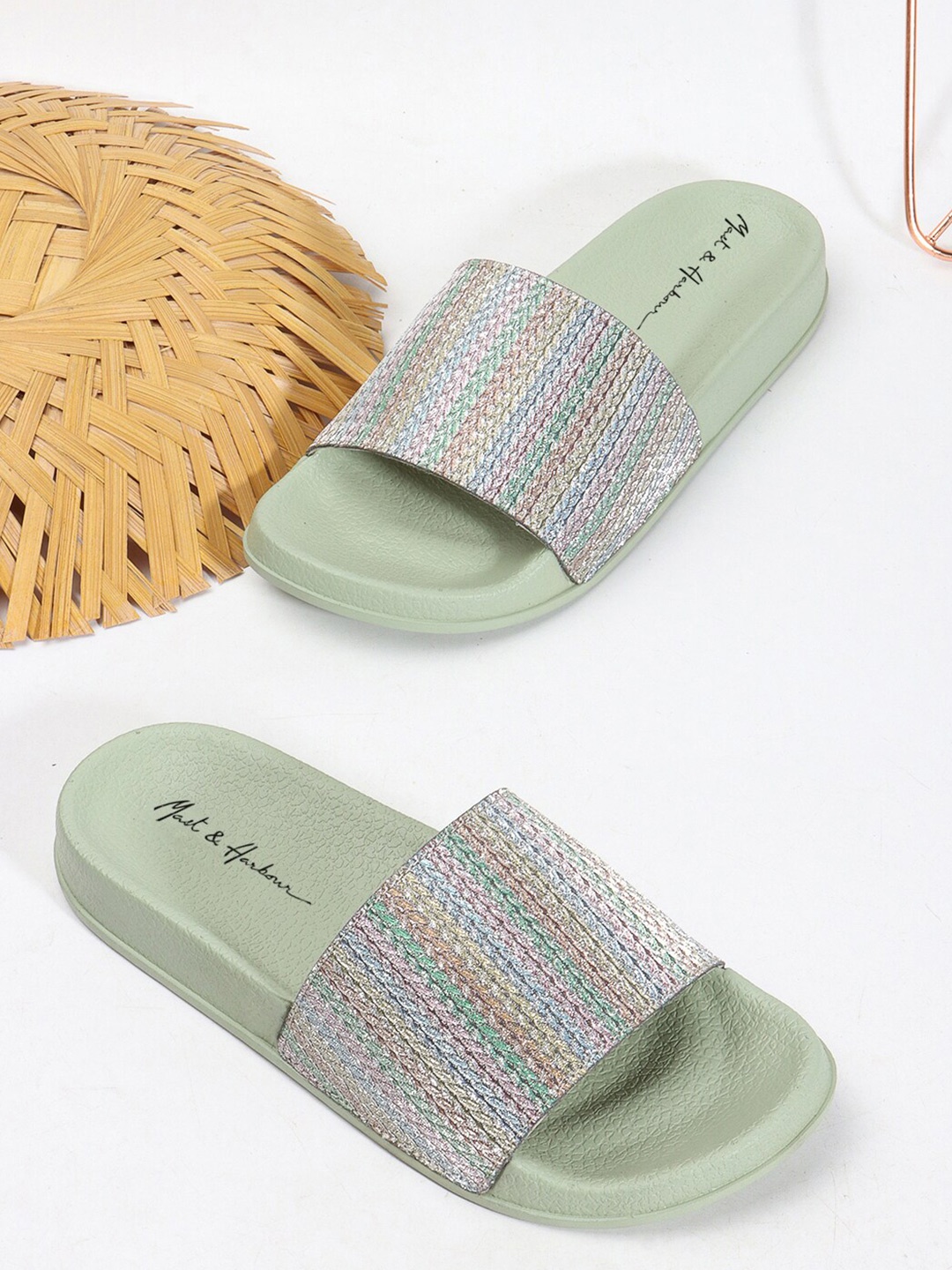 

Mast & Harbour Women Self Design Sliders, Grey