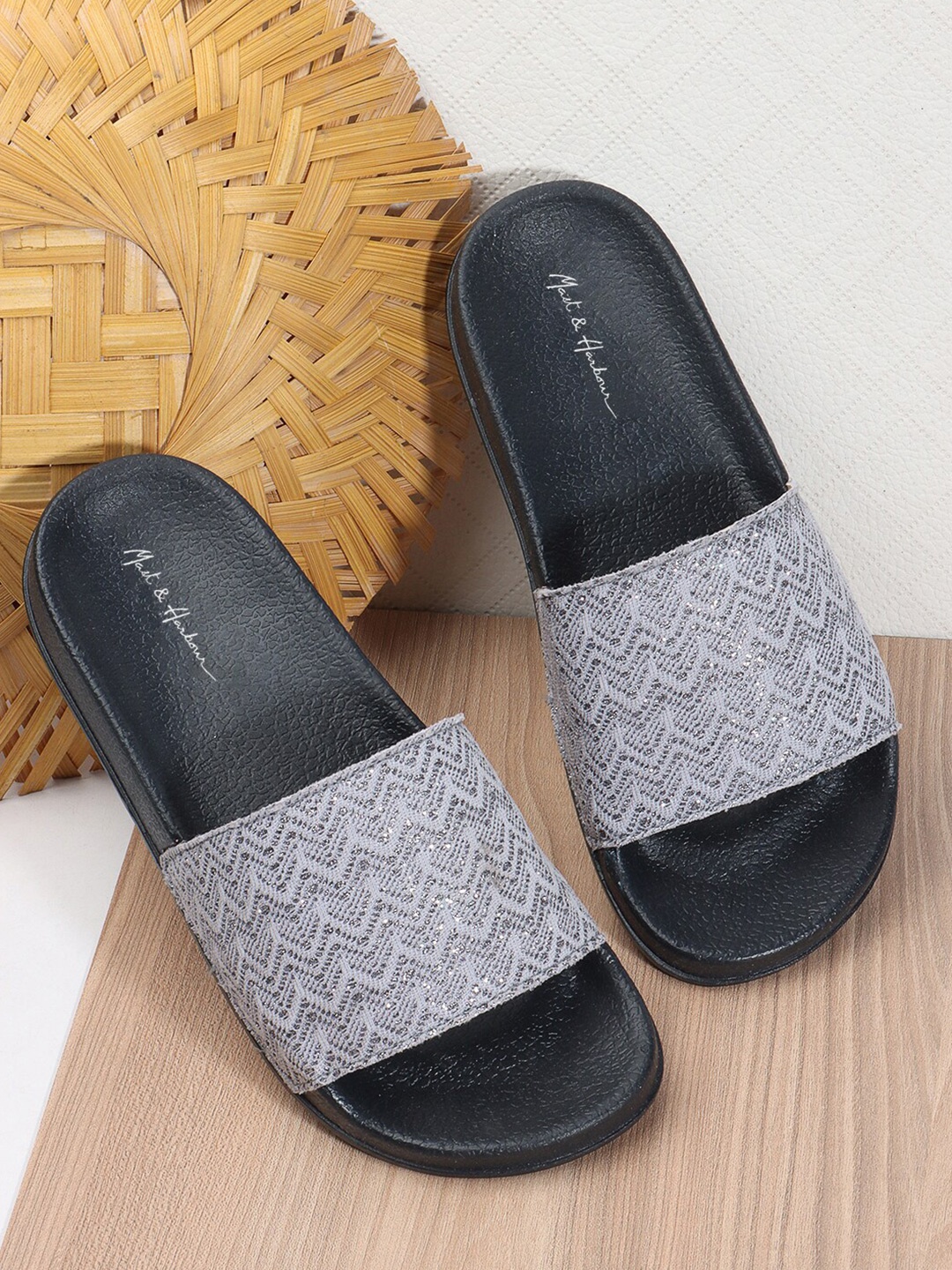 

Mast & Harbour Women Self Design Sliders, Black
