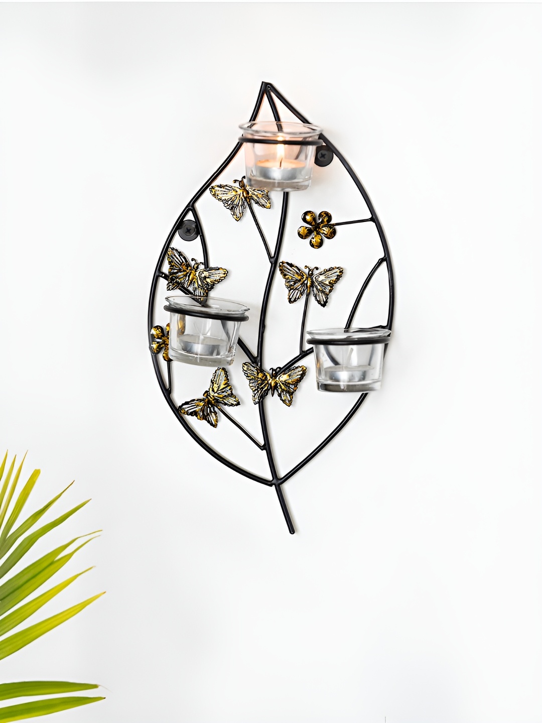 

ExclusiveLane Butterflies & Leaf Handcrafted Iron & Glass Wall Sconce Candle Holder, Black