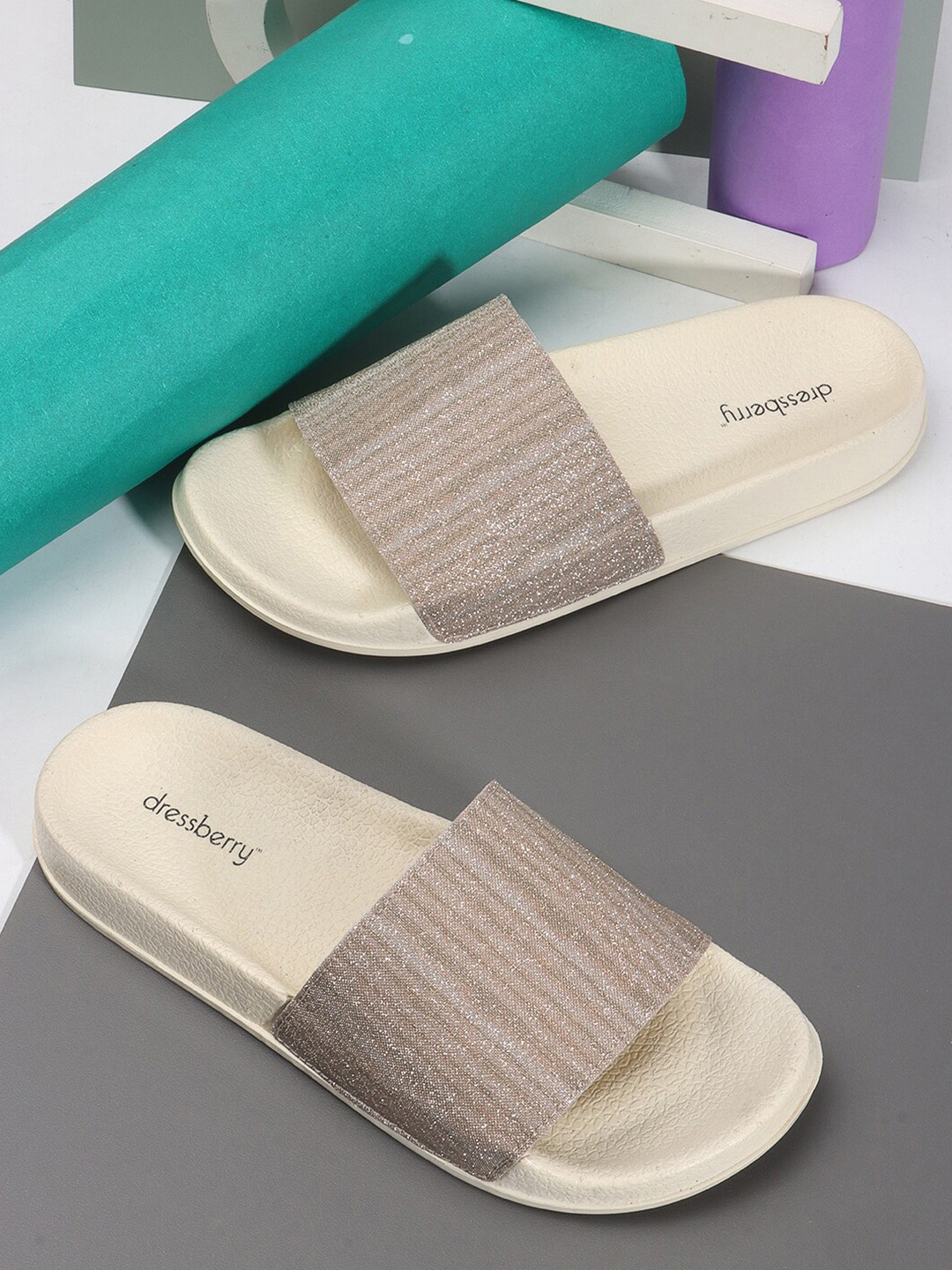 

DressBerry Women Beige Self Design Sliders