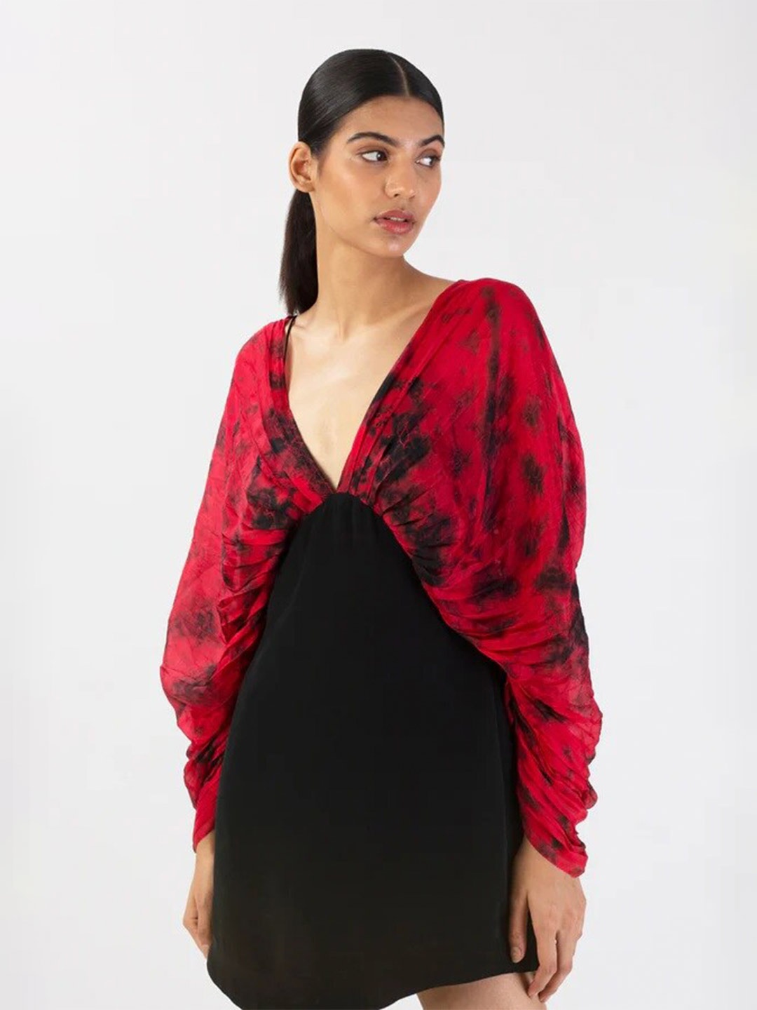 

28 MOONS Abstract Dyed V-Neck A-Line Mini Dress, Red