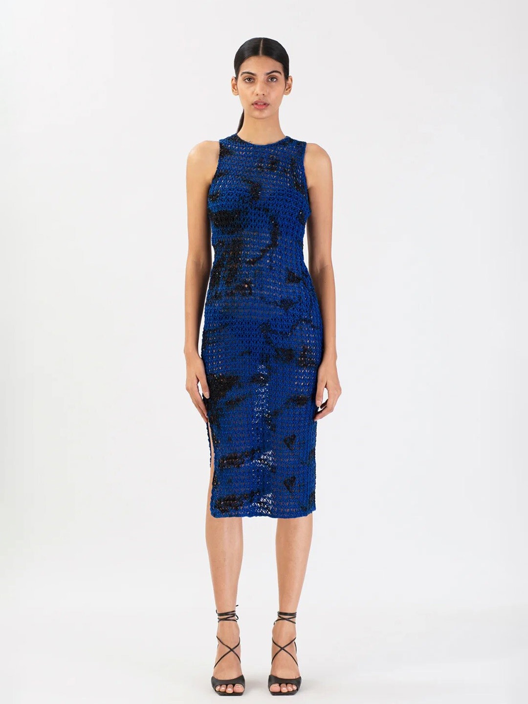 

28 MOONS Abstract Dyed Round Neck Sleeveless Semi Sheer Silk Crochet Sheath Dress, Blue