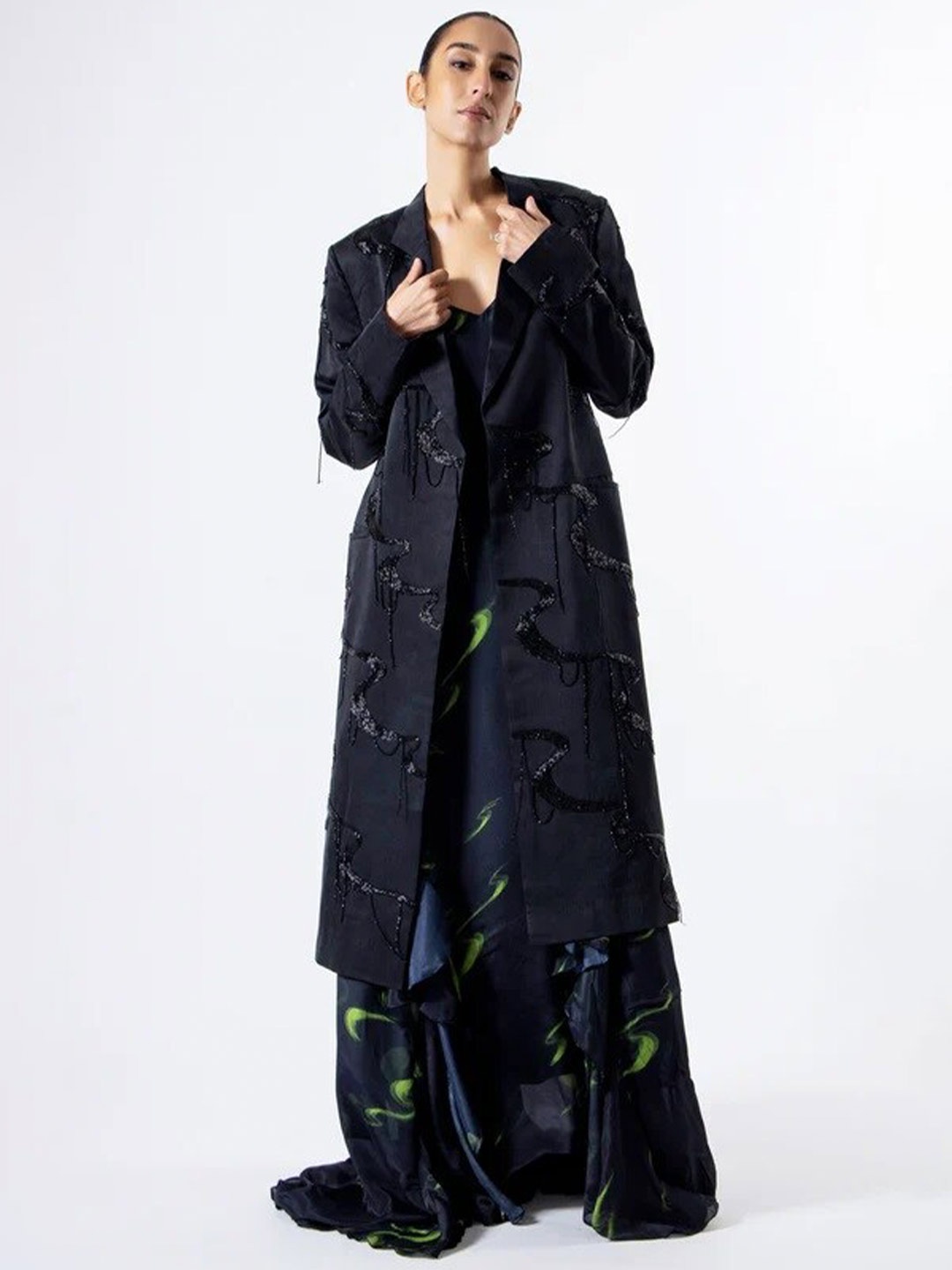 

28 MOONS Floral Print V-Neck Shoulder Straps Ruffles Silk Maxi Dress, Black