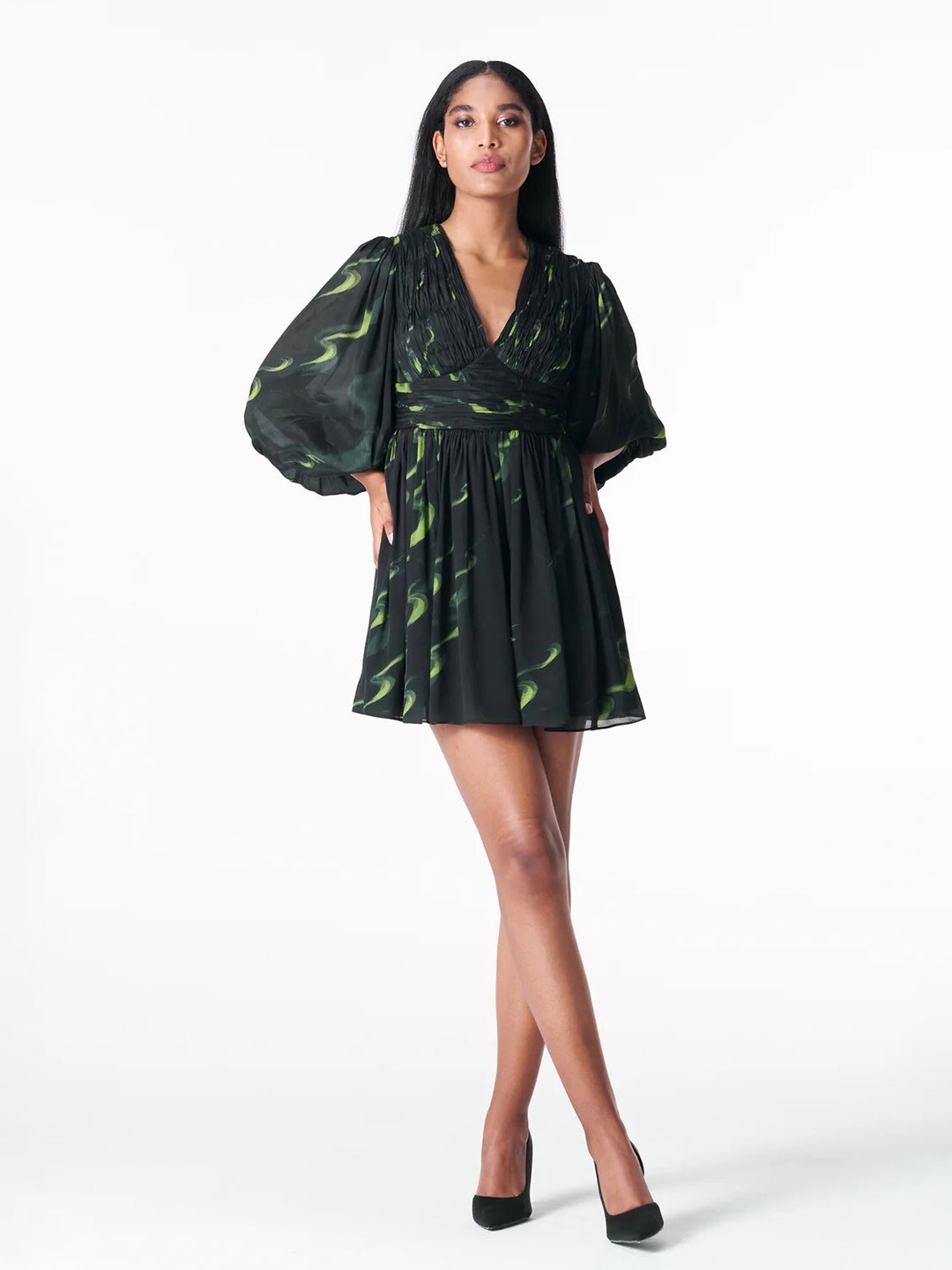 

28 MOONS Floral Print V-Neck Puff Sleeve Ruched Silk Fit & Flare Mini Dress, Black