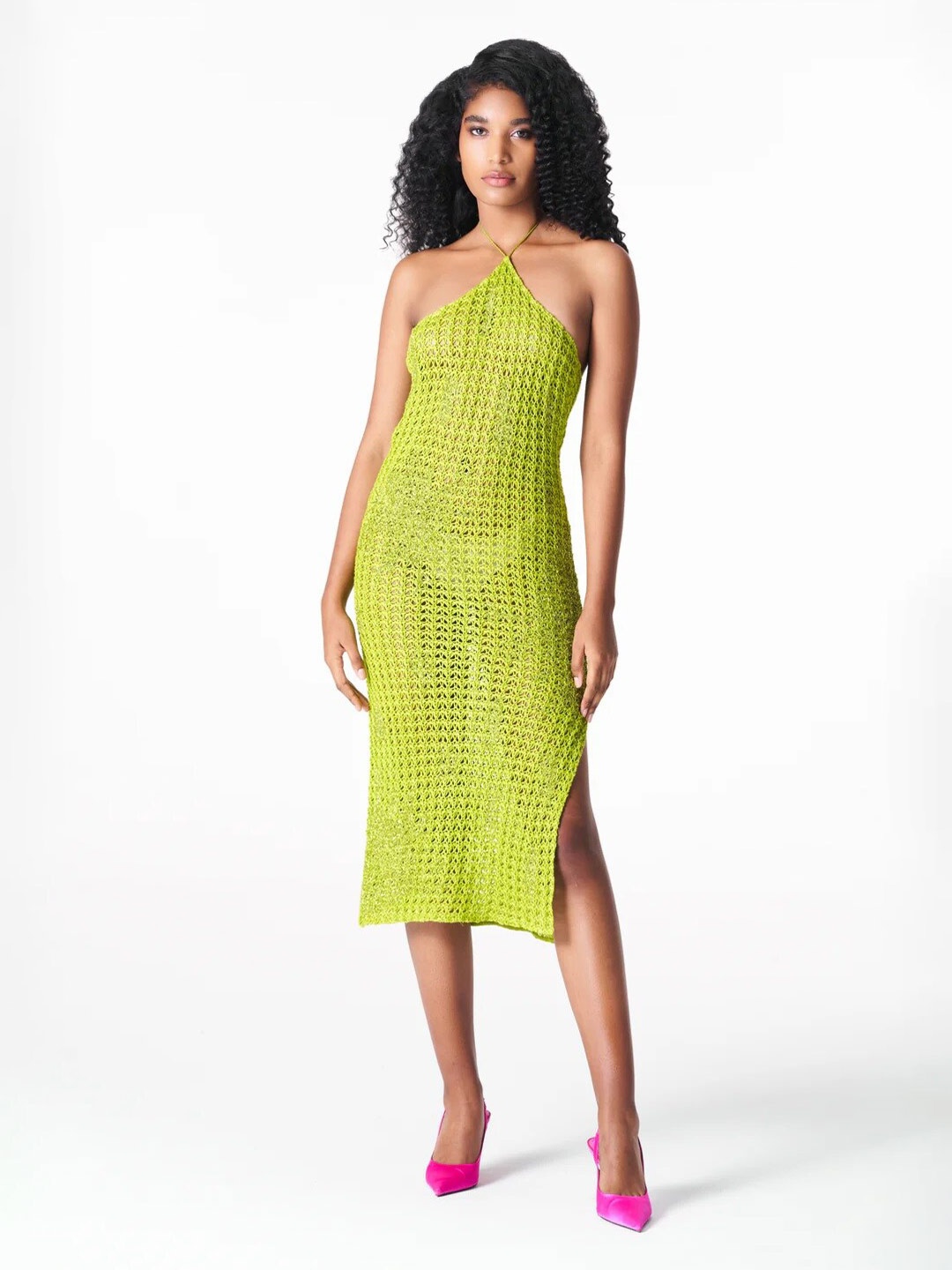 

28 MOONS Halter Neck Sleeveless Semi Sheer Crochet A-Line Midi Dress, Green
