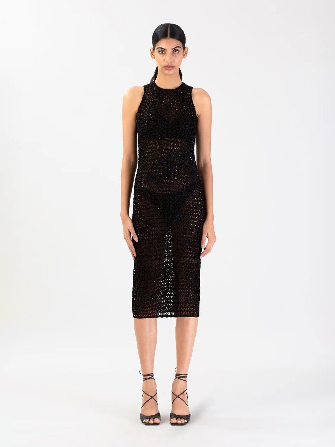 

28 MOONS Round Neck Sleeveless Semi Sheer Crochet Bodycon Midi Dress, Black