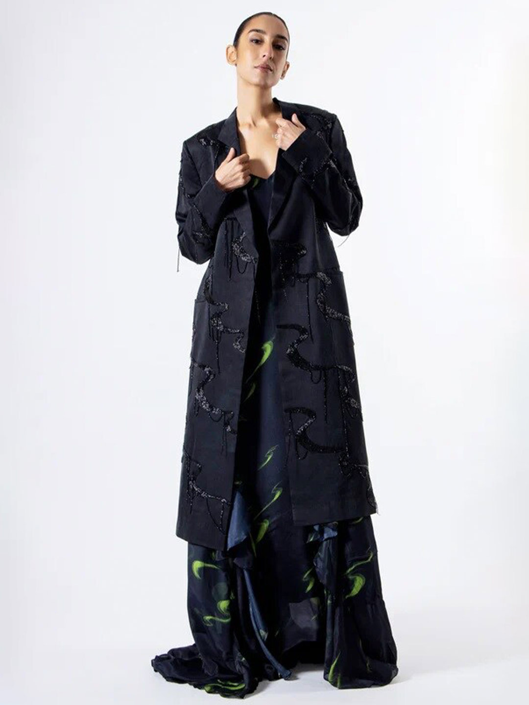 

28 MOONS Floral Print V-Neck Shoulder Straps Ruffles Silk Maxi Dress, Black