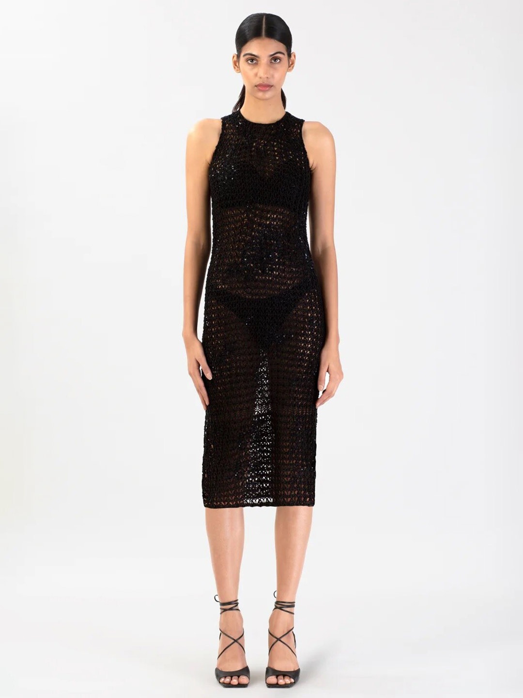 

28 MOONS Round Neck Sleeveless Semi Sheer Crochet Bodycon Midi Dress, Black