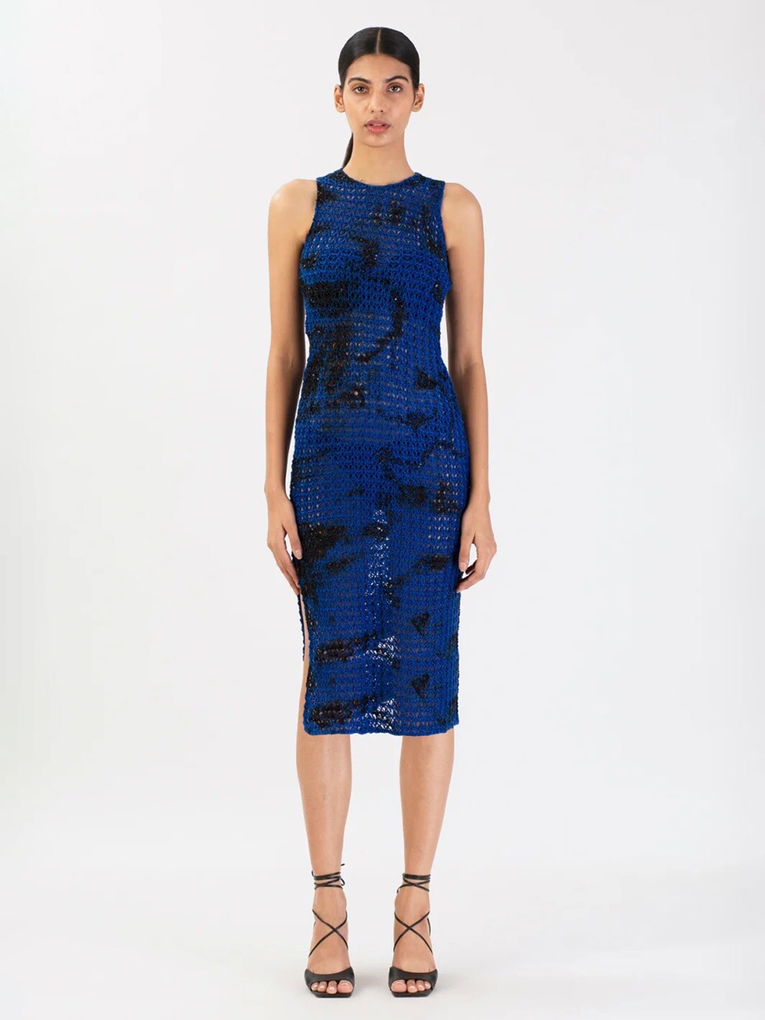 

28 MOONS Abstract Dyed Round Neck Sleeveless Semi Sheer Crochet Sheath Midi Dress, Blue