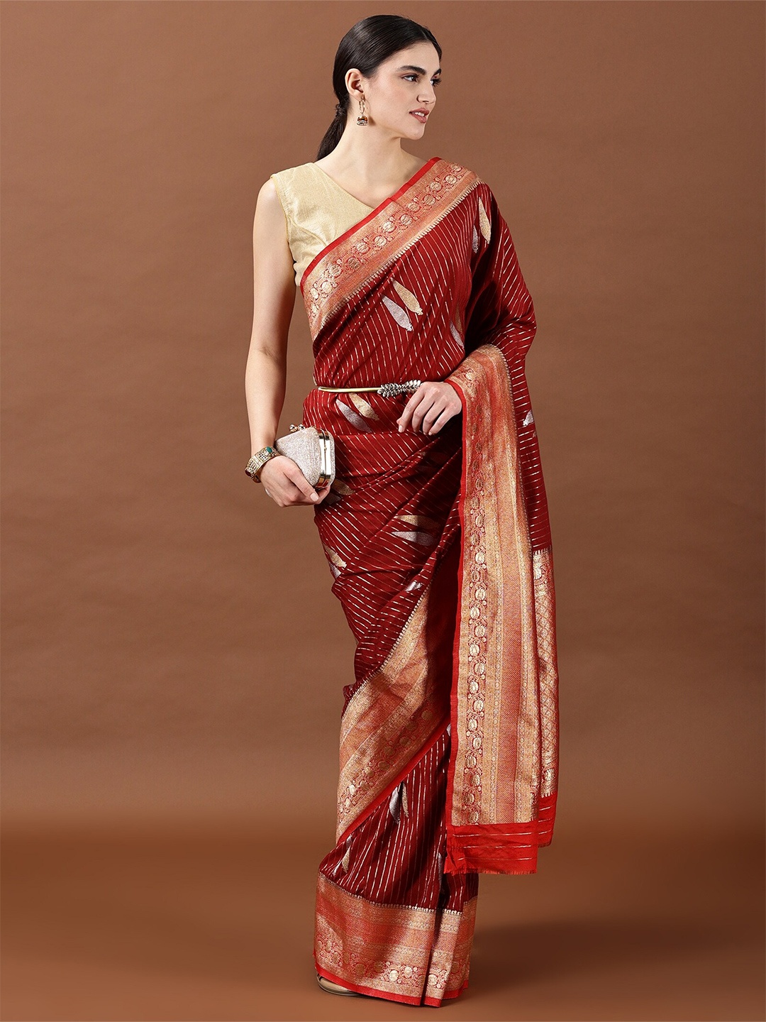 

Kancheepuram Kalakshetra Silks Striped Zari Poly Georgette Banarasi Saree, Maroon