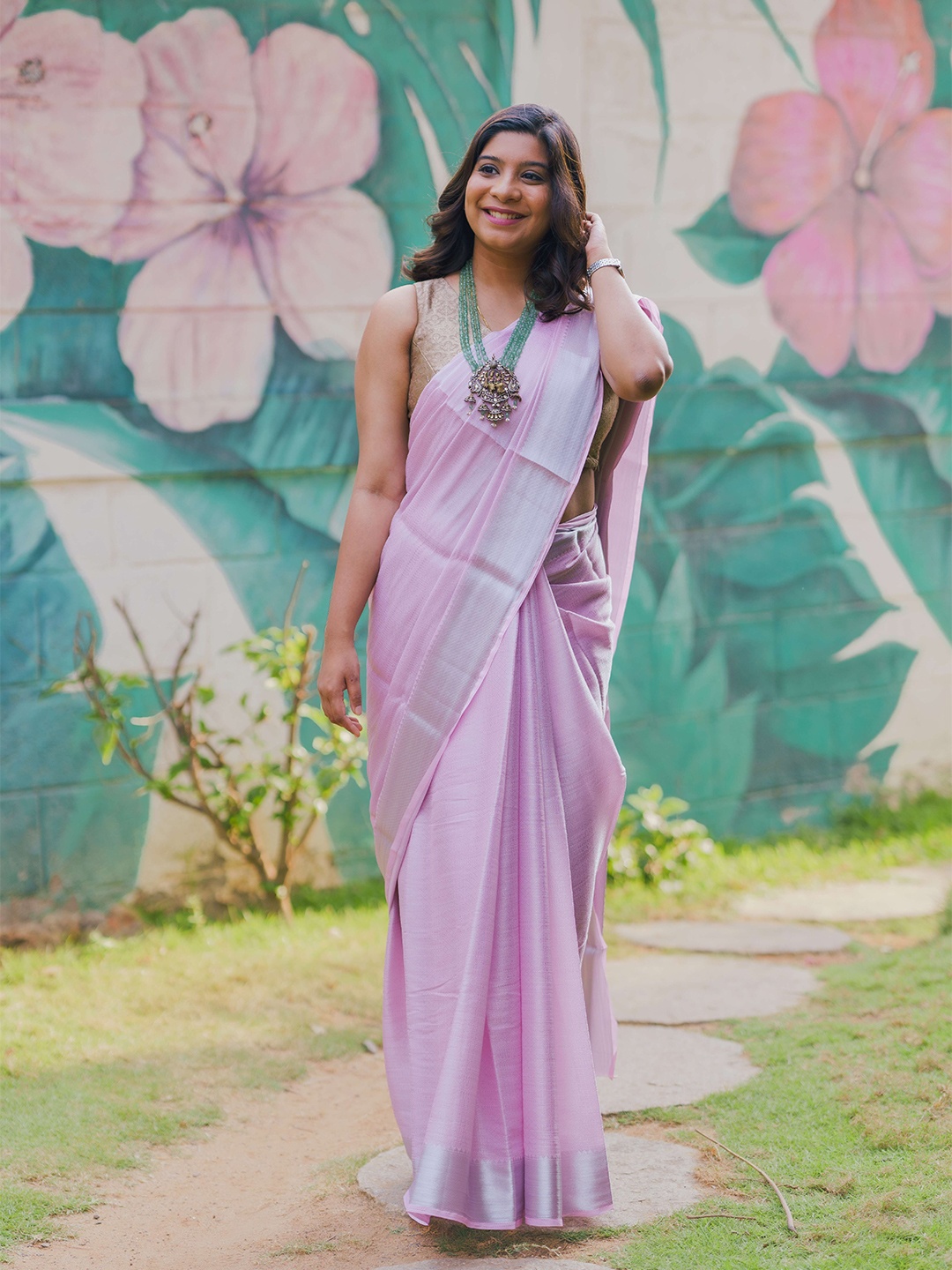 

Kancheepuram Kalakshetra Silks Zari Poly Georgette Saree, Pink