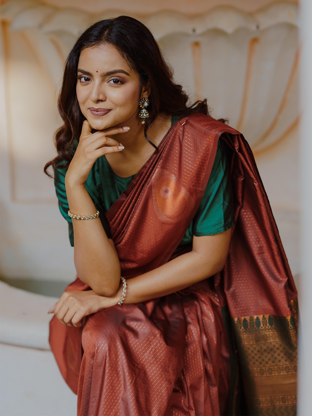 

Kancheepuram Kalakshetra Silks Woven Design Zari Silk Blend Kanjeevaram Saree, Rust