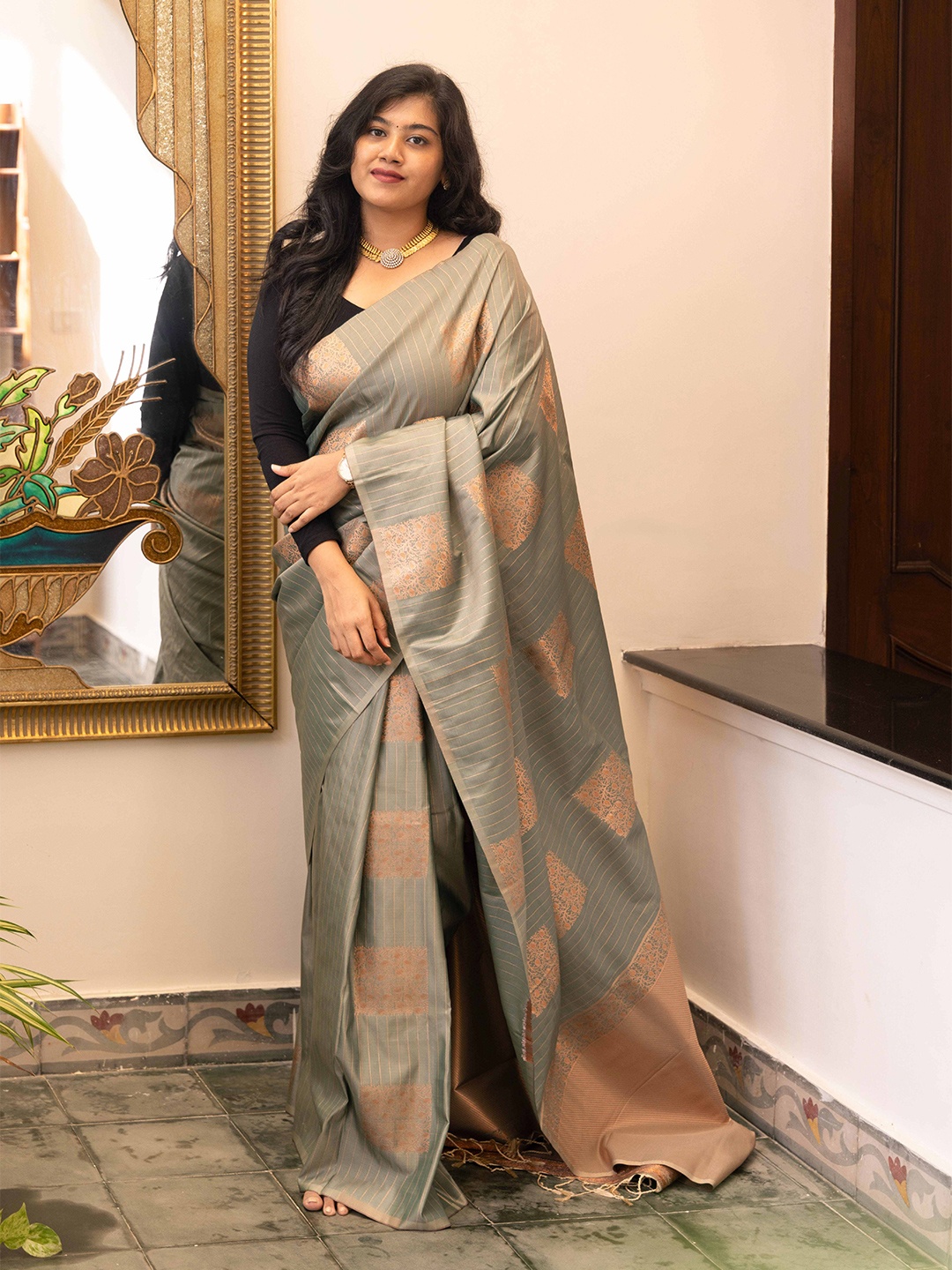 

Kancheepuram Kalakshetra Silks Woven Design Zari Silk Blend Kanjeevaram Saree, Grey